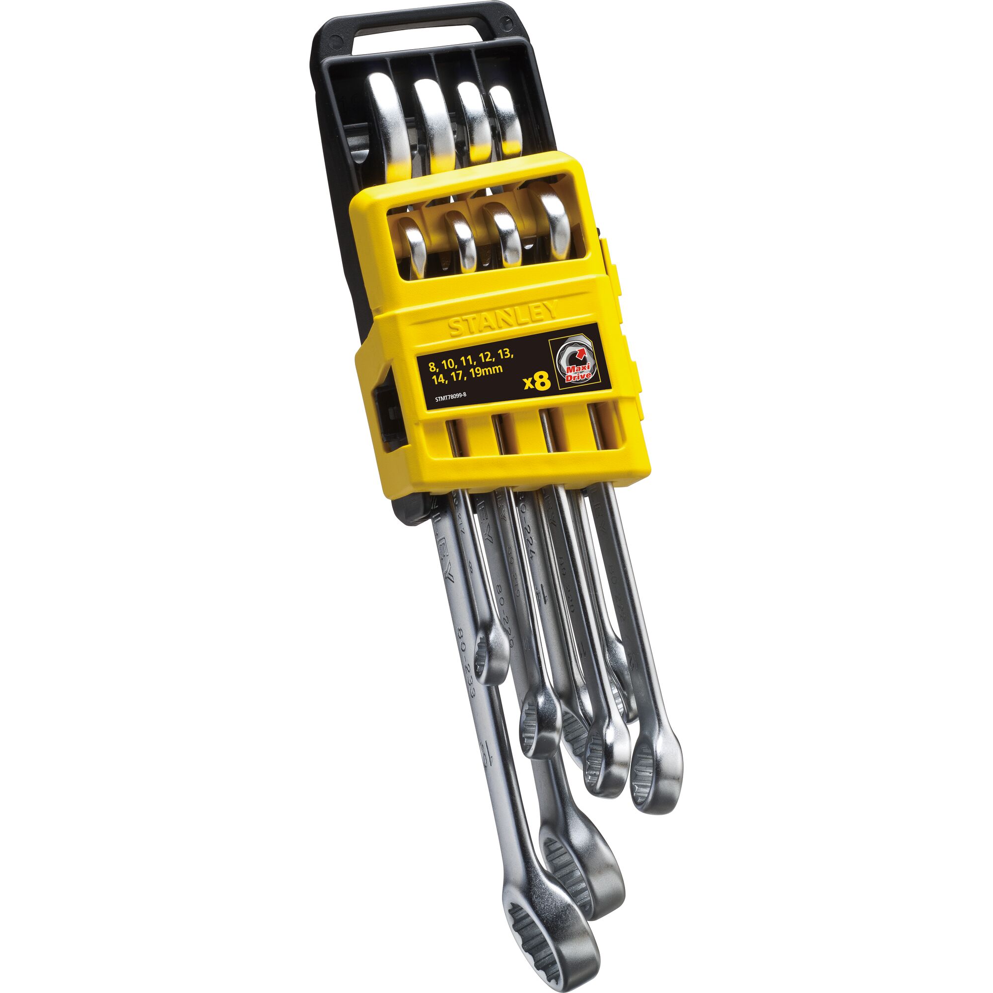STANLEY STMT78099-8 wrench set in yellow holder, front angle, eight metric combination wrenches.