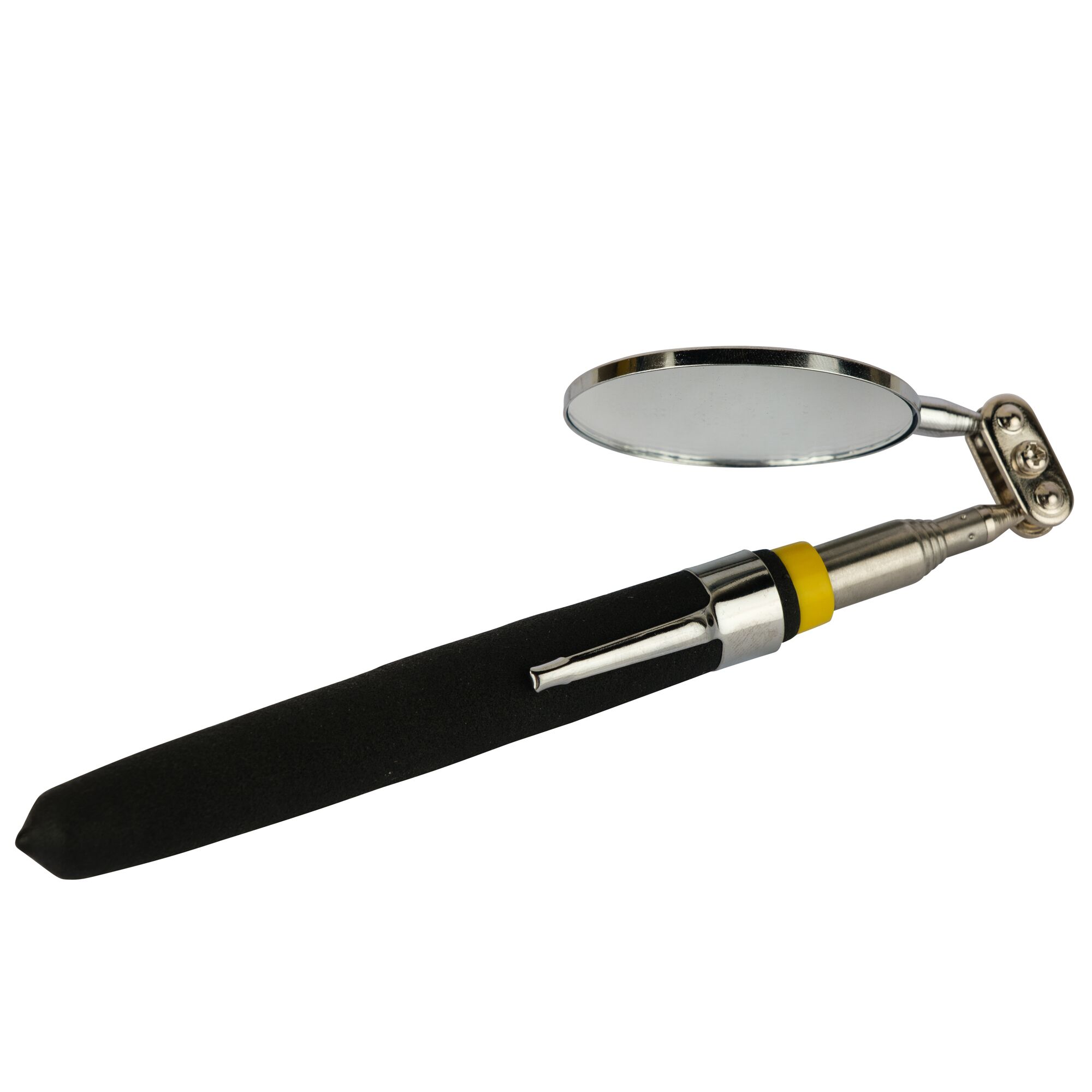 STANLEY STMT78241-8 inspection mirror with black handle, round adjustable mirror, side angle, white background.