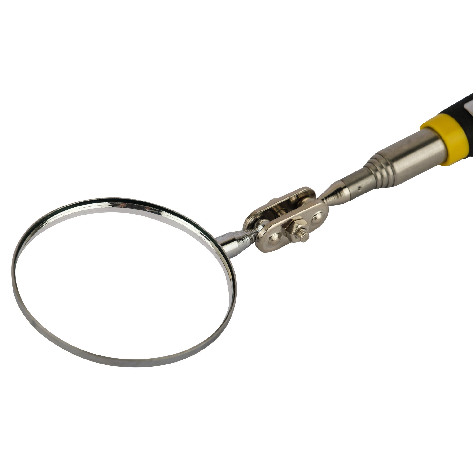 A close-up image of a handheld inspection mirror with a round adjustable mirror attached to a metal handle, used for visual inspection in photography or technical tasks.