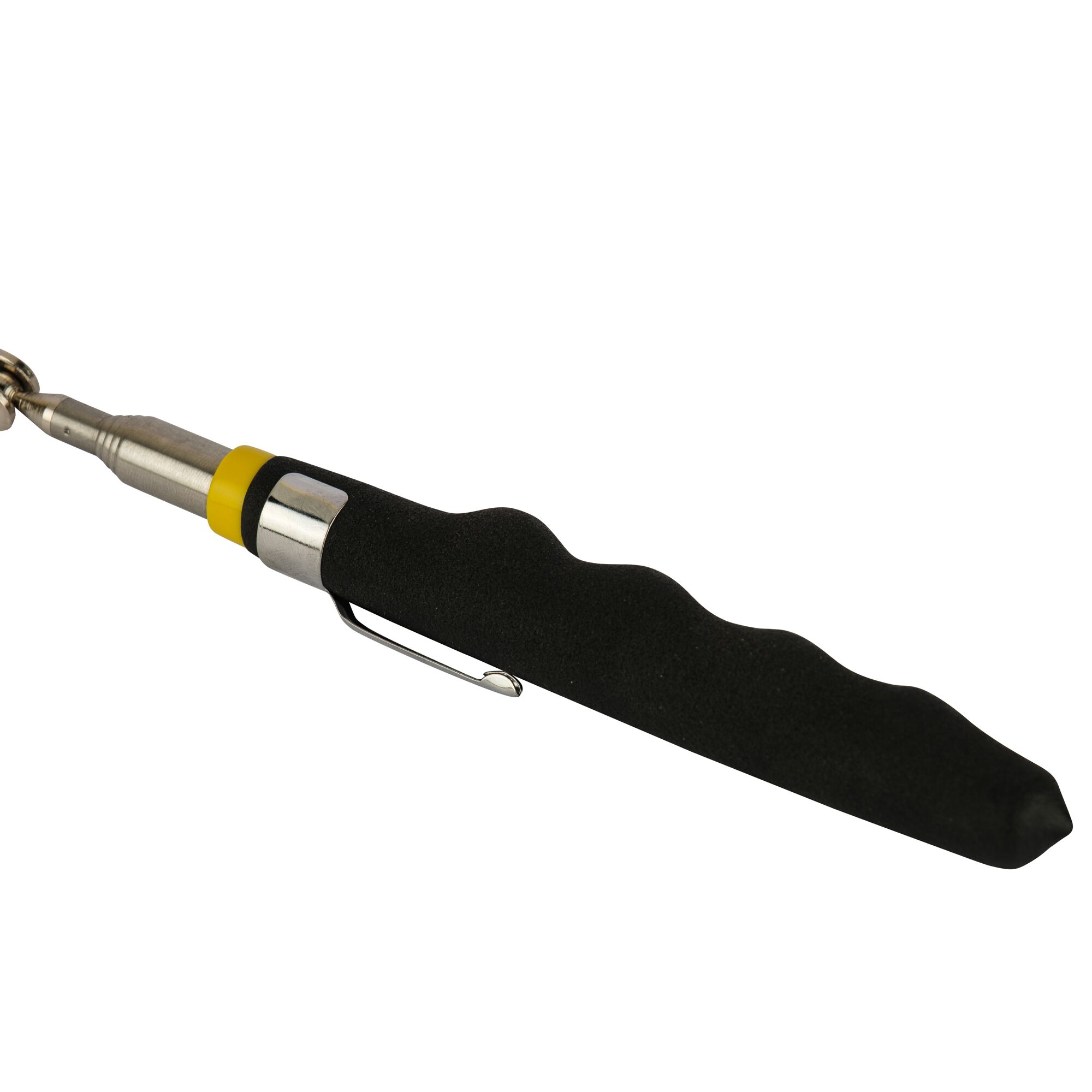A close-up view of a Stanley photography accessory with a black ergonomic handle, a metal section, and a yellow accent. The product includes a clip for attachment.