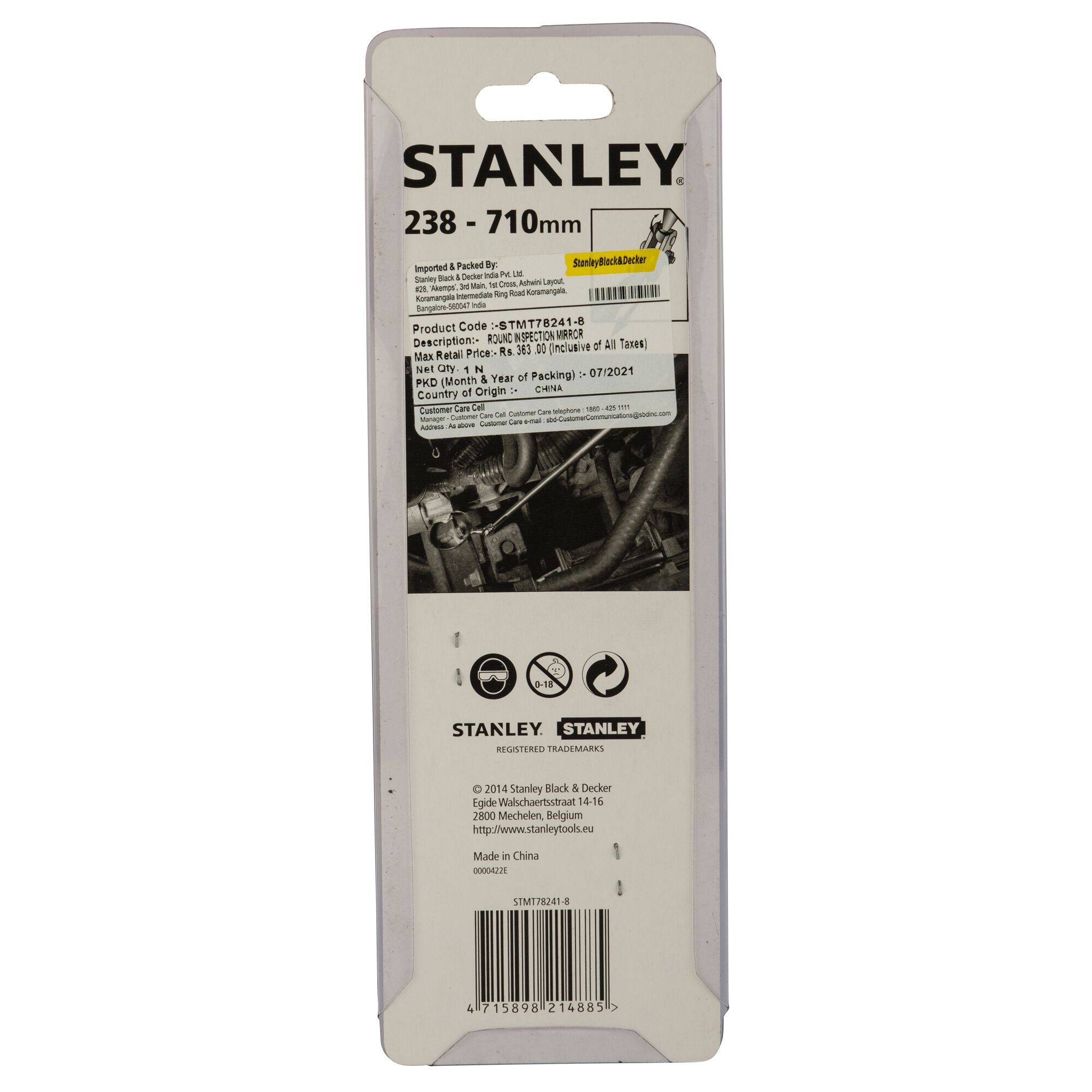 Photo of STANLEY STMT78241-8 round inspection mirror packaging, rear view on white background.