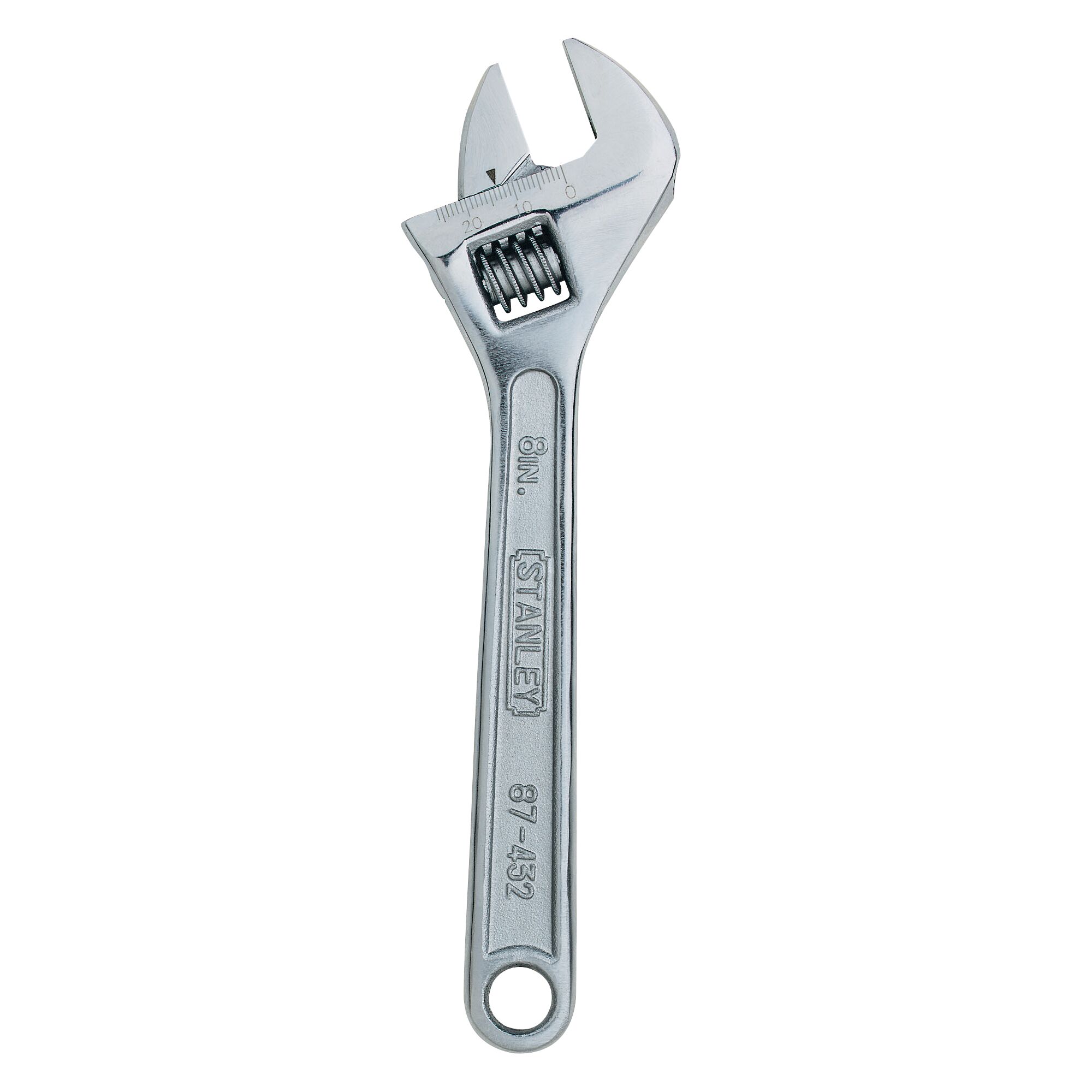 Stanley STMT87432-8 adjustable wrench, silver metal, top view on white background.