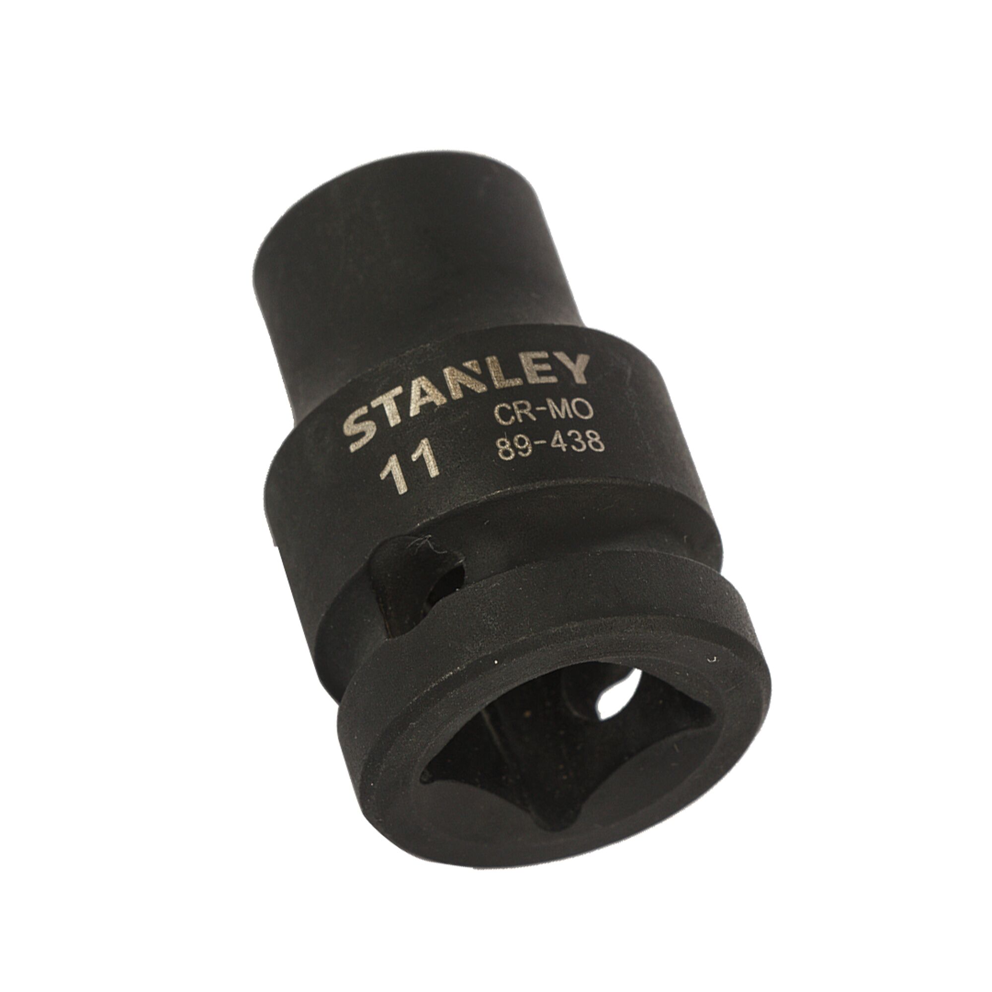 STANLEY STMT89438-8B black impact socket, angled view, metal construction, tool accessory.