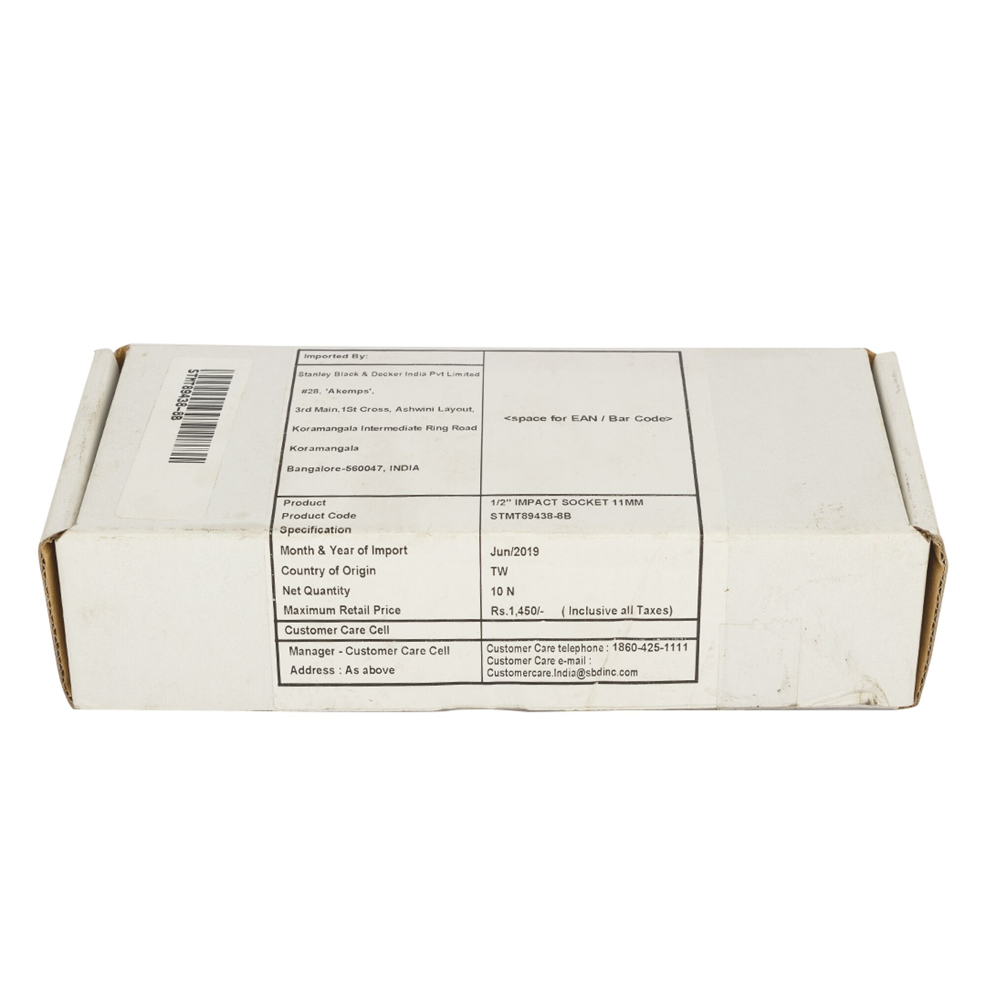 STANLEY STMT89438-8B box for 1/2" impact socket 11mm, white packaging, top view showing label details.