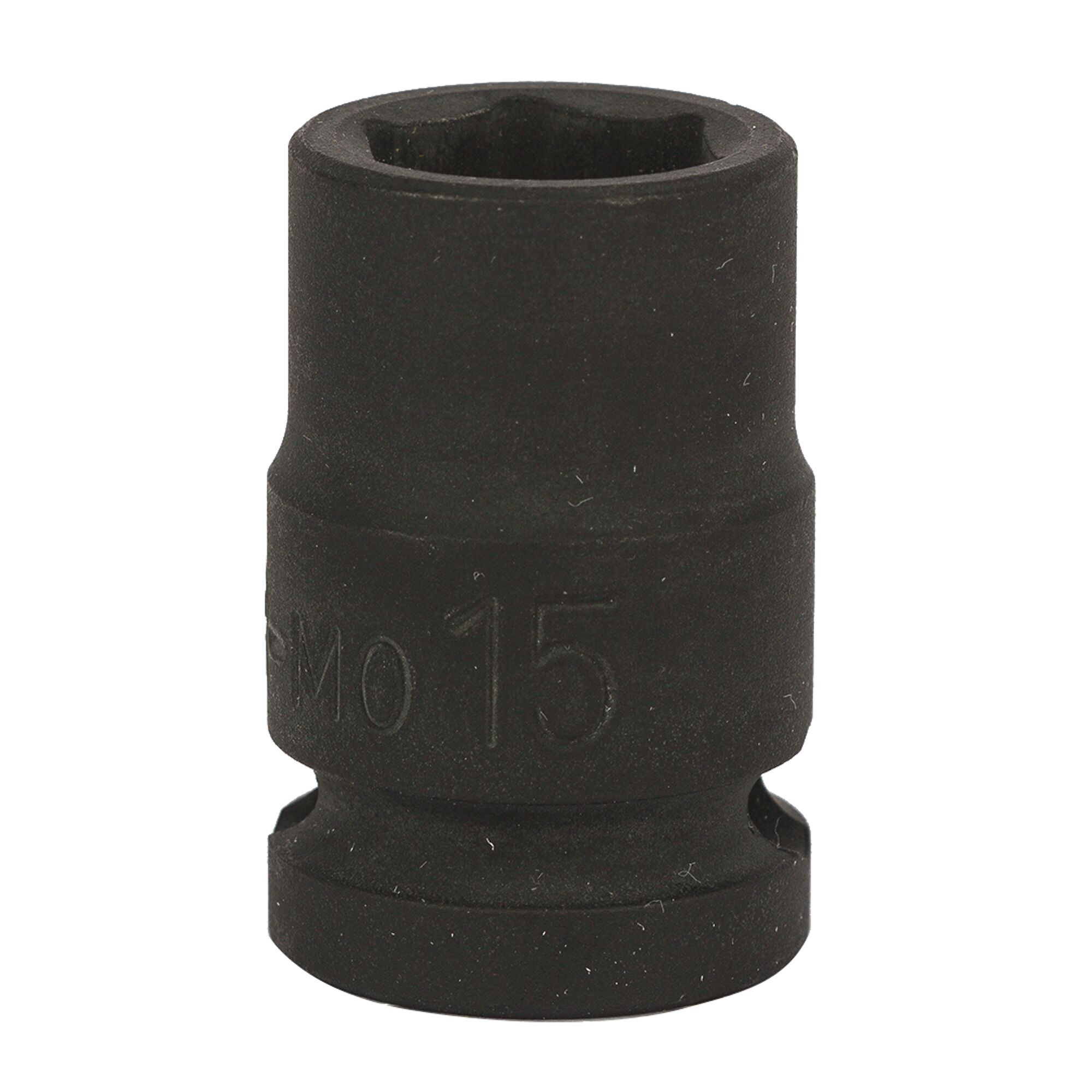 STANLEY STMT89442-8B black impact socket, 15mm size, tool photography, front angle on white background.