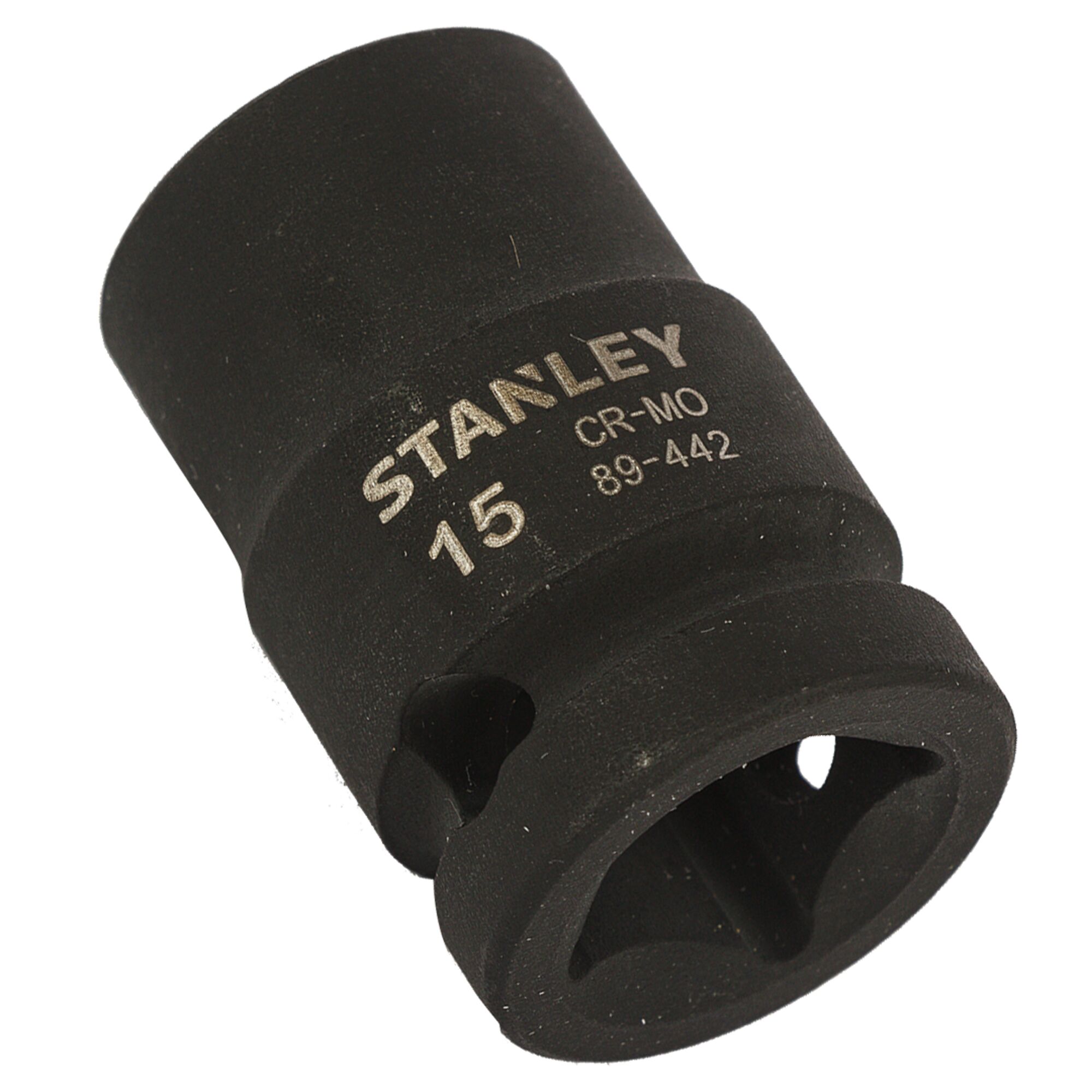 STANLEY STMT89442-8B black impact socket, front angled view, with engraved size and logo.