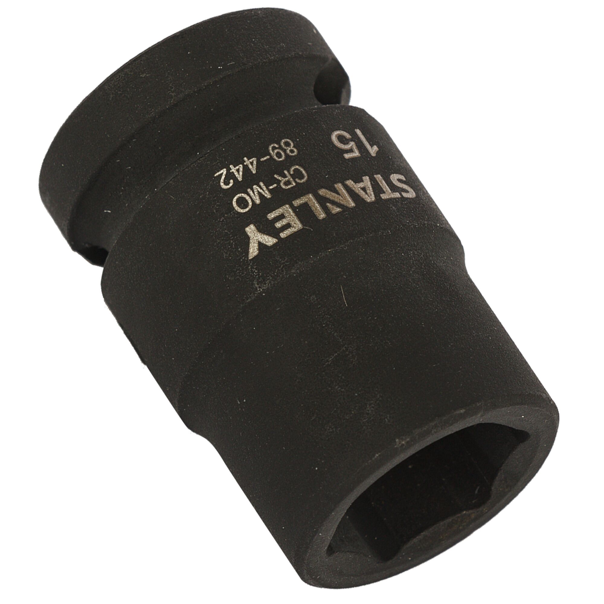 STANLEY STMT89442-8B black impact socket, photography, angled view on white background.