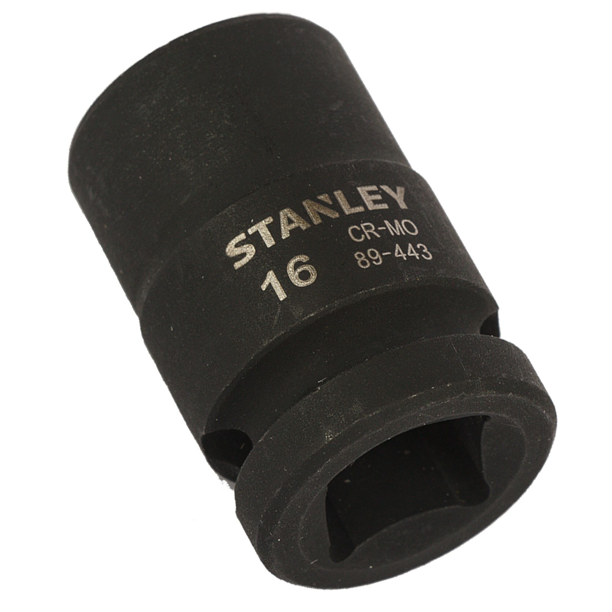 STANLEY STMT89443-8B black 16mm impact socket angled on white background.