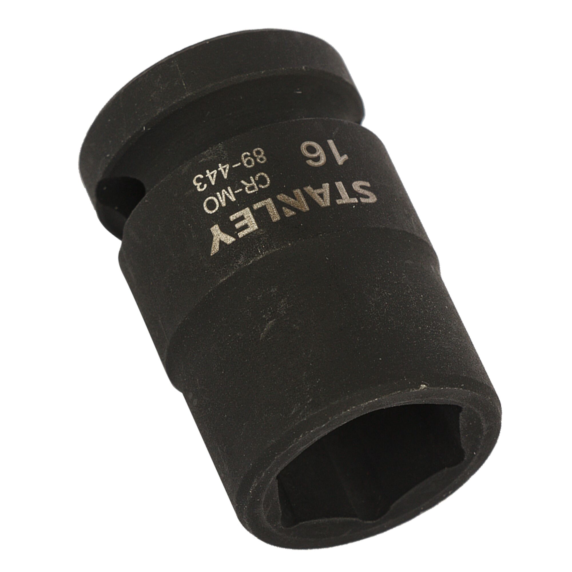 STANLEY STMT89443-8B black impact socket, side angle, showing engraved size and brand.