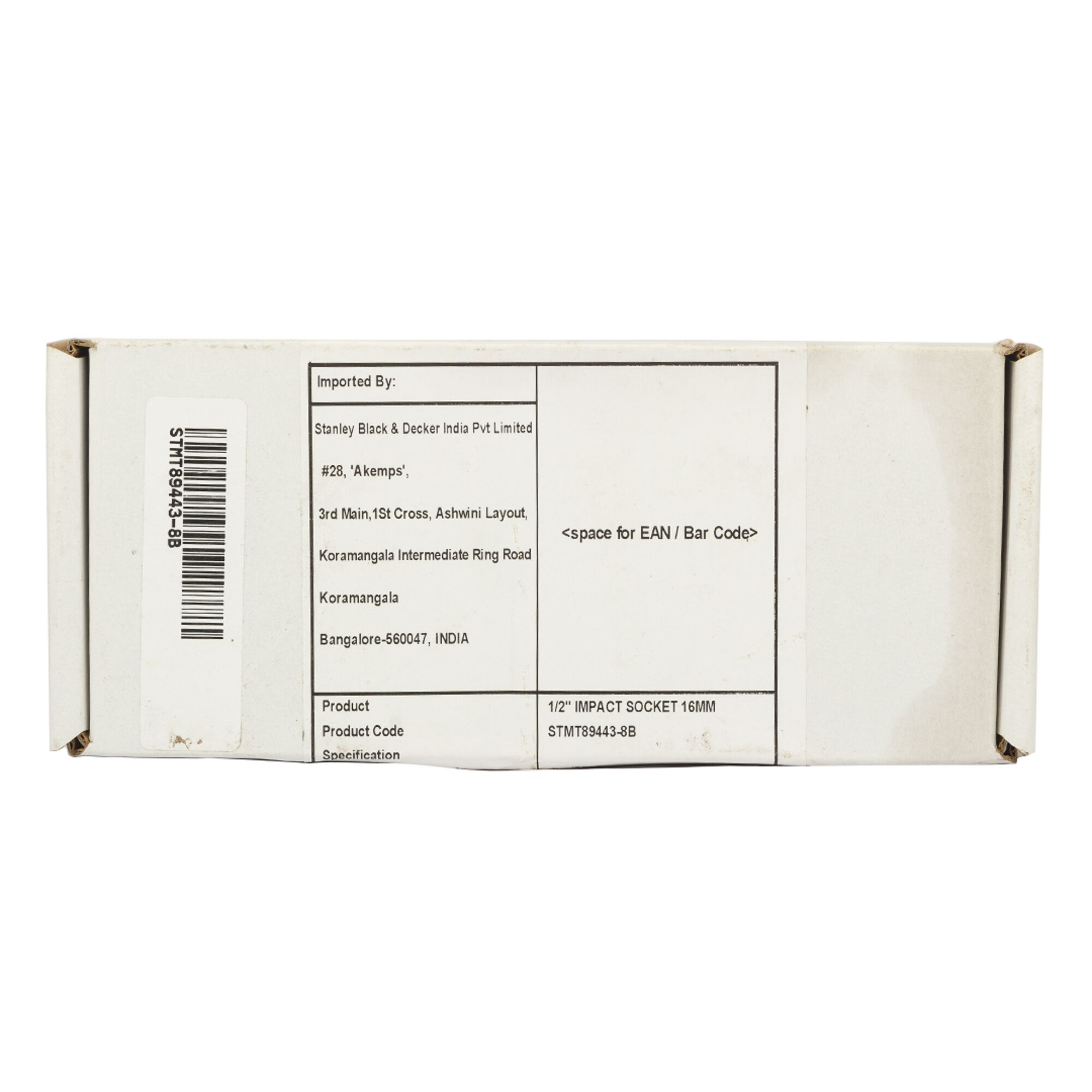 STANLEY STMT89443-8B photography of white box with barcode and product code label, rear angle.