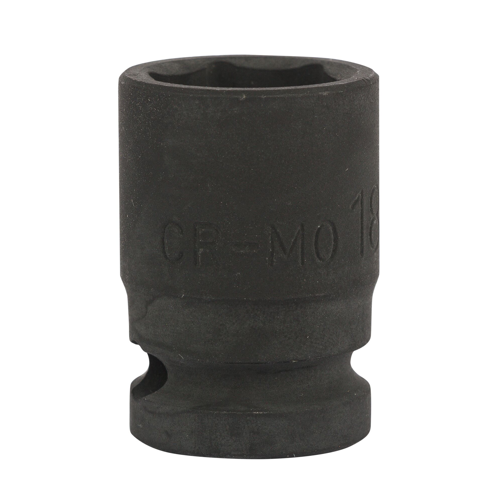 STANLEY STMT89445-8B black impact socket, cylindrical design, hex opening, front view, white background.