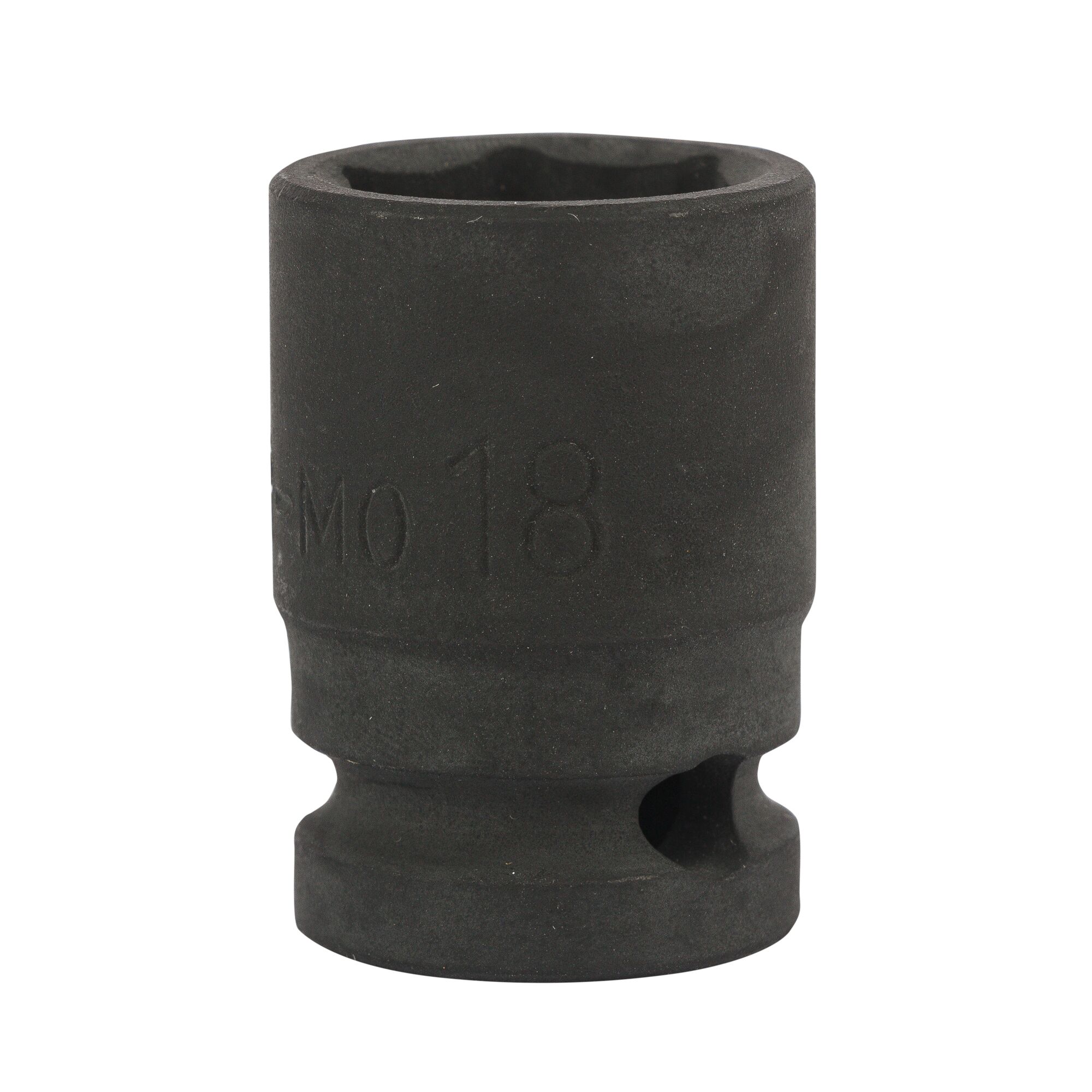 STANLEY STMT89445-8B black impact socket, cylindrical tool, front angle, white background.