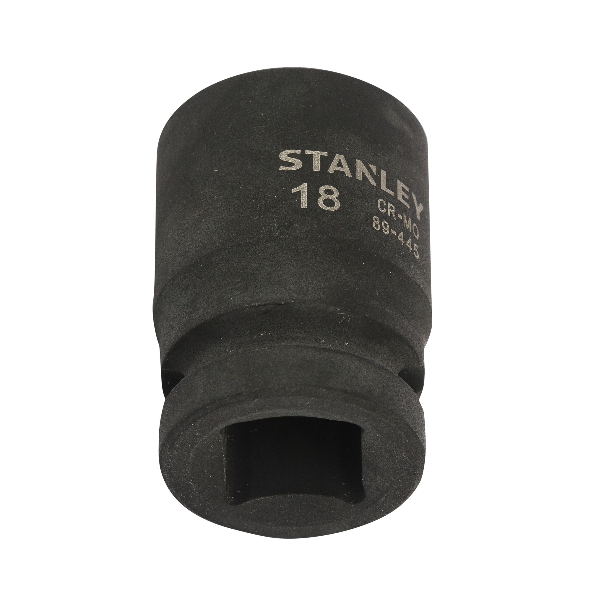 STANLEY STMT89445-8B black impact socket, 18mm size, product photo on white background.