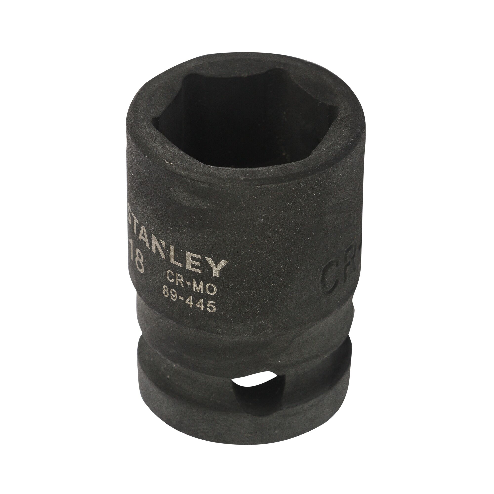 STANLEY STMT89445-8B black impact socket, cylindrical shape, product photography, angled on white background.