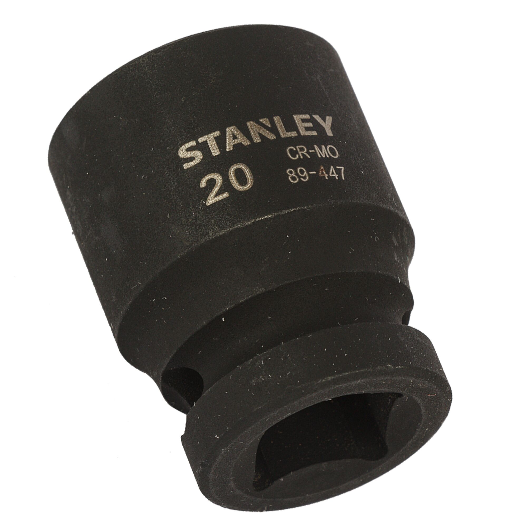 STANLEY STMT89447-8B black impact socket, 20mm size, product photography on white background.