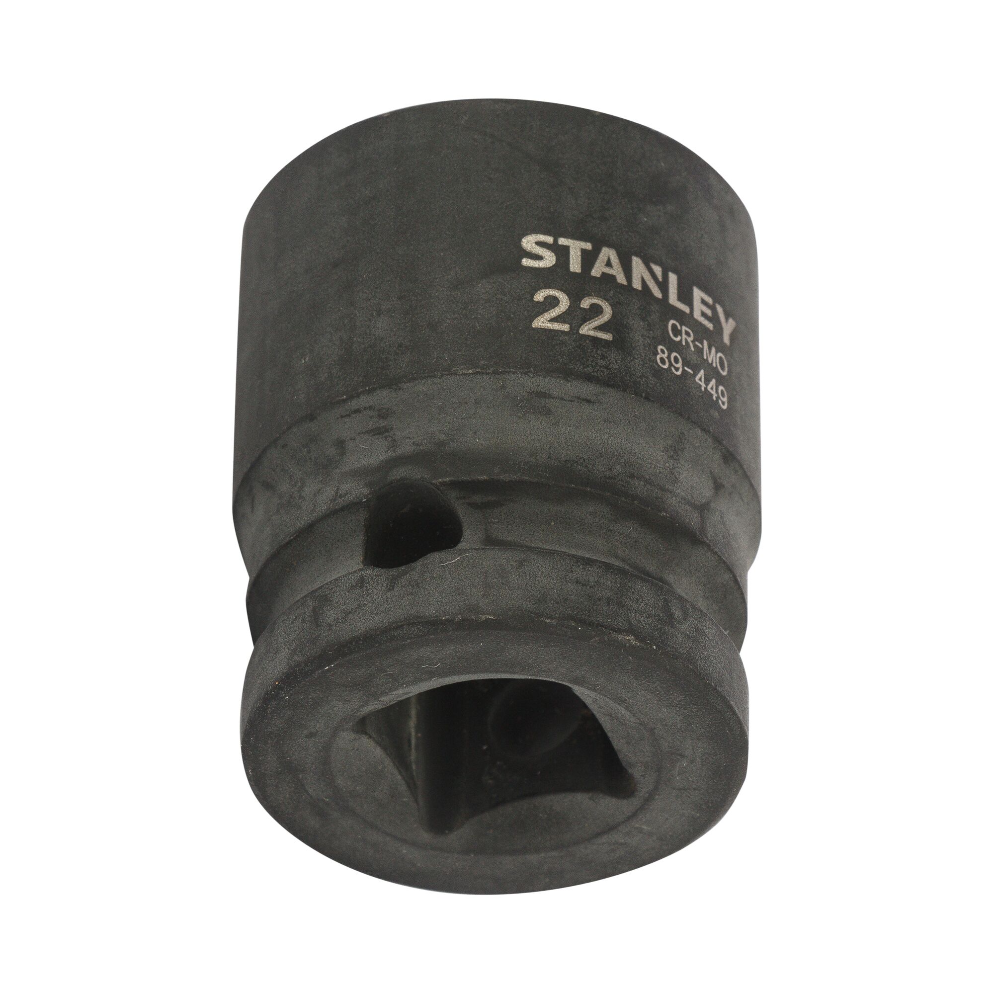 Stanley STMT89449-8B black 22mm impact socket, product photography, angled view