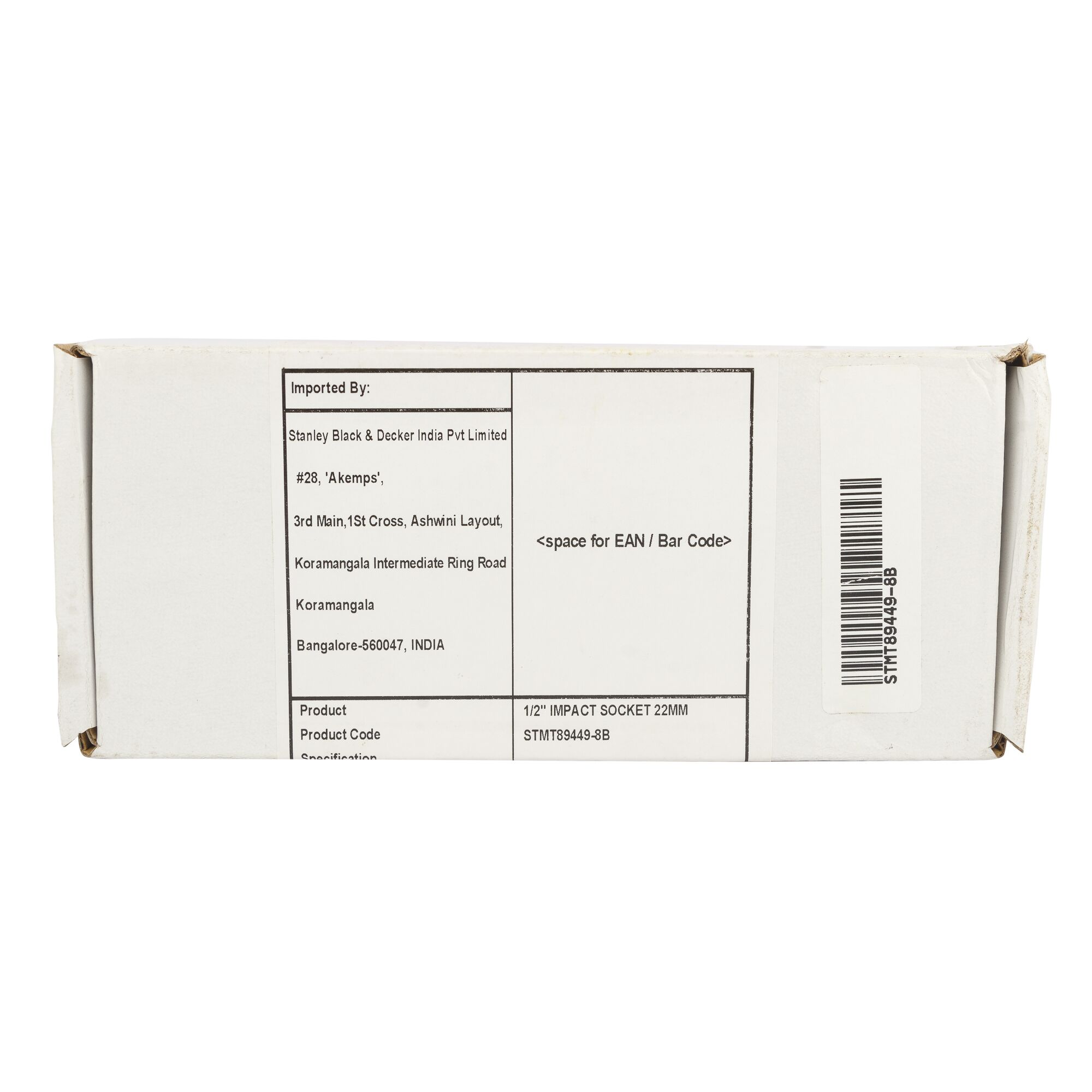 Stanley STMT89449-8B box showing barcode and import details, front angle, photography category.
