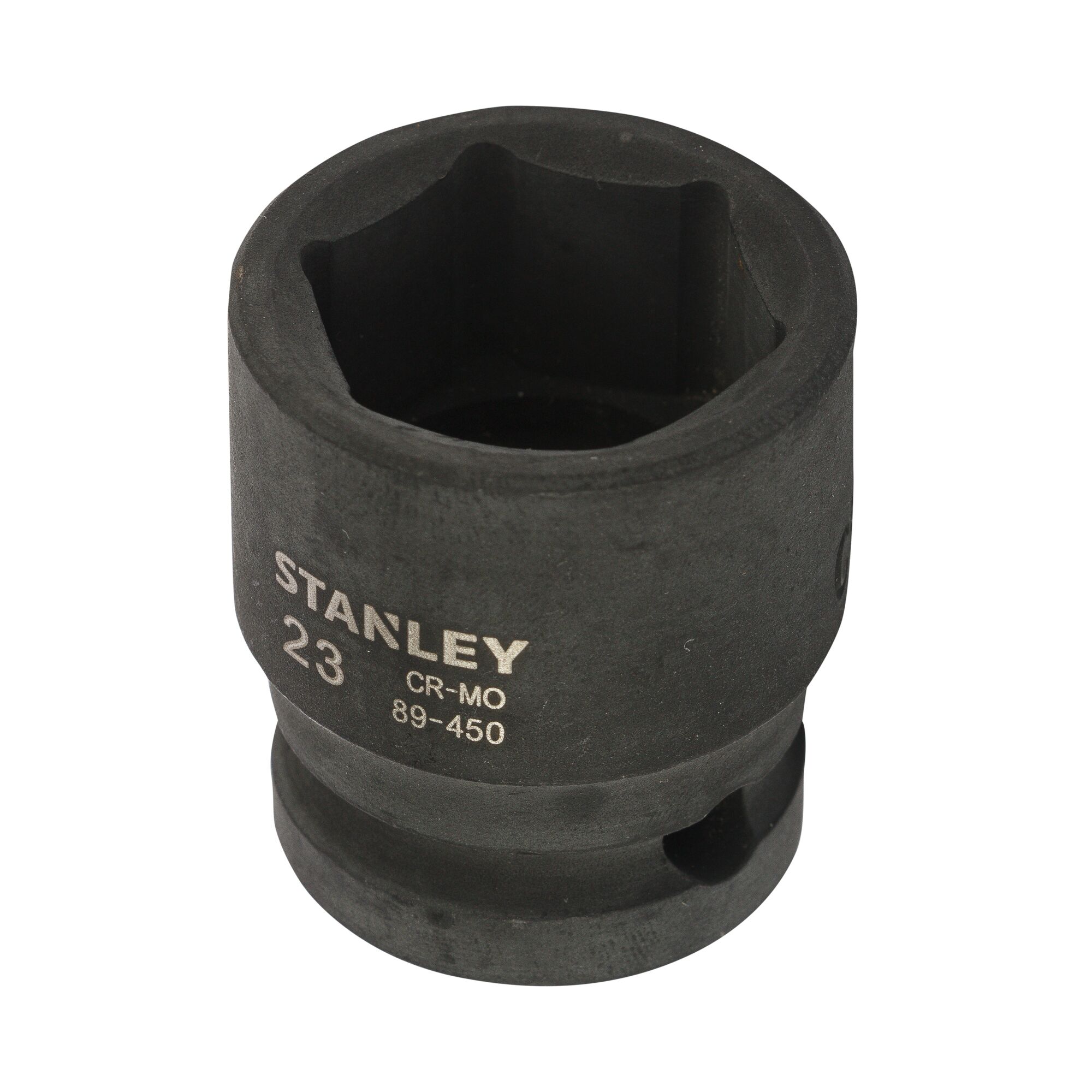 Stanley STMT89450-8B black impact socket, size 23mm, top angle view, tool photography