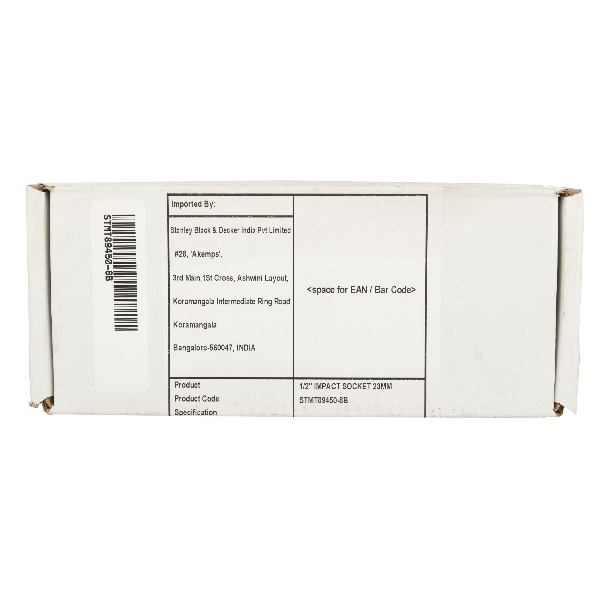 Stanley STMT89450-8B box packaging, white, showing product details and barcode, photography, front angle.