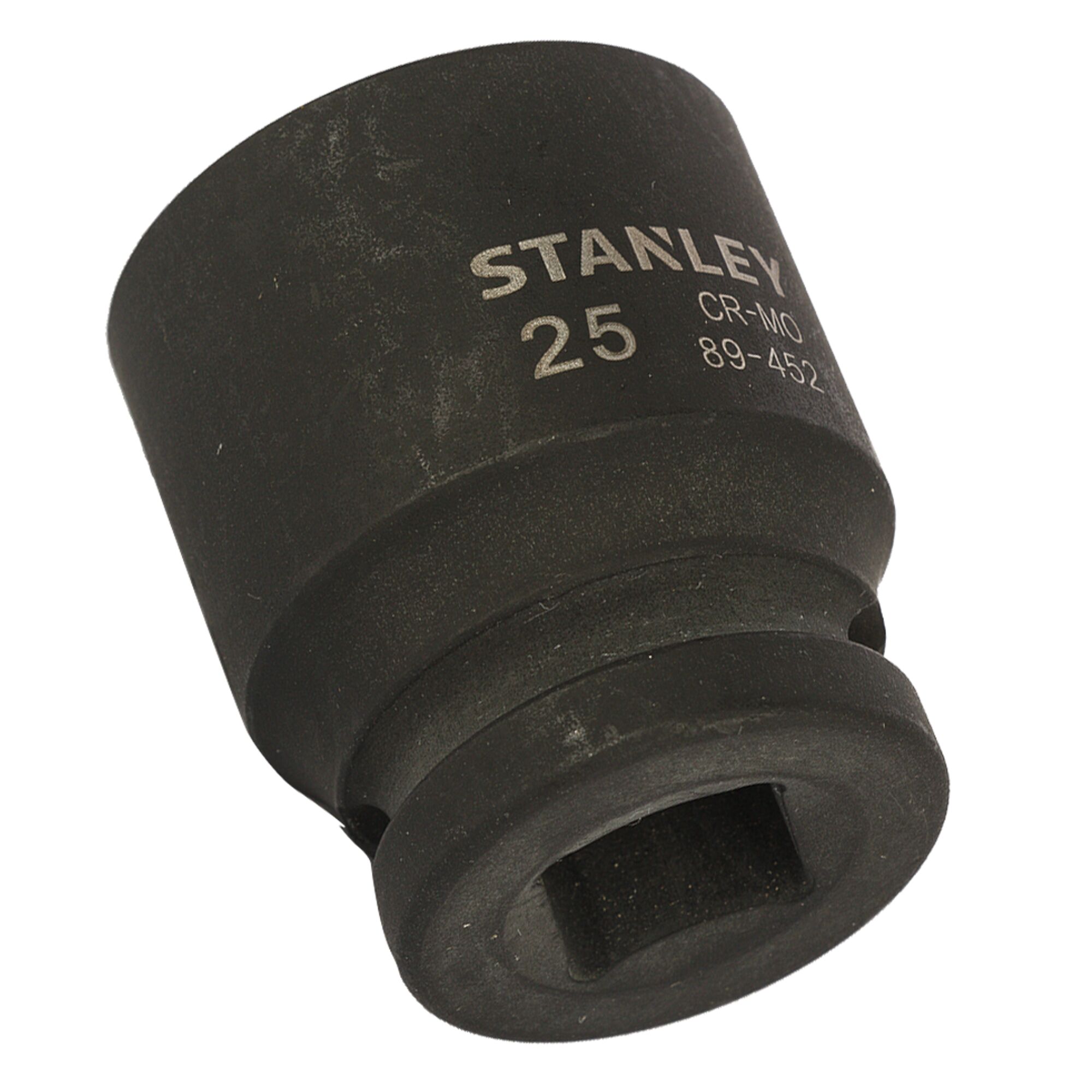 STANLEY STMT89452-8B black impact socket with engraved size and branding, angled on white background.