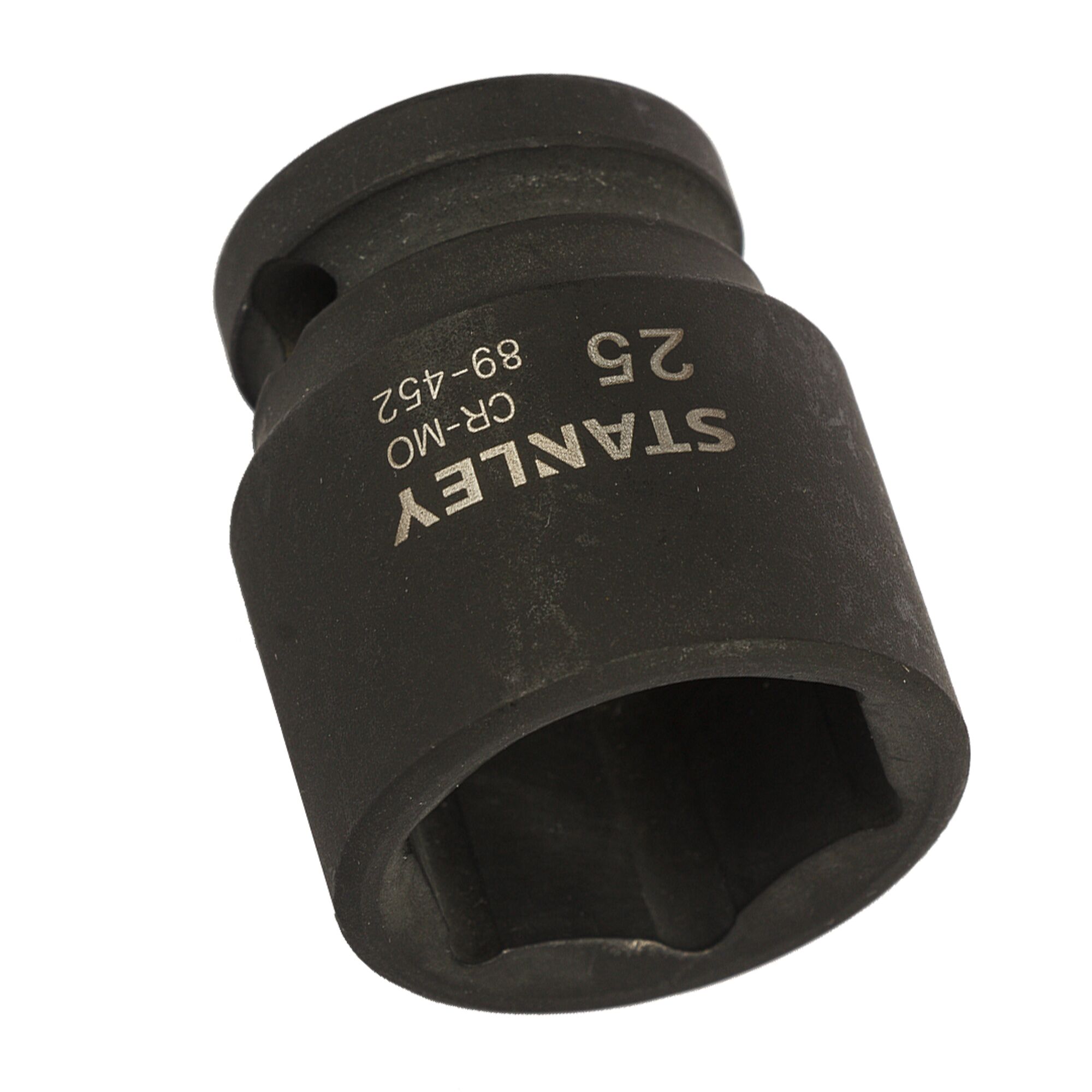 STANLEY STMT89452-8B black impact socket, 25mm size, angled product photo on white background.