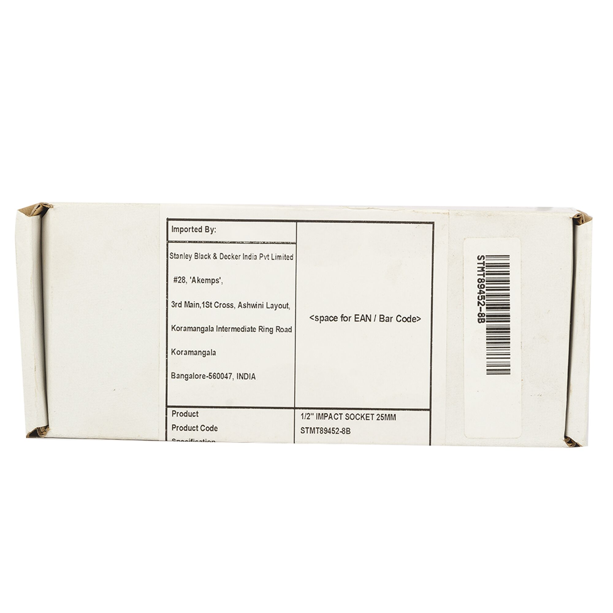 STANLEY STMT89452-8B impact socket packaging box, barcode and product details, top view, white background.