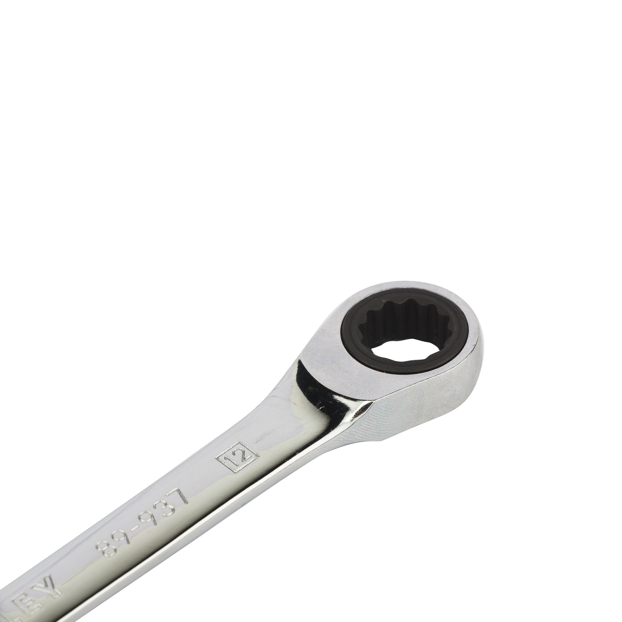 Close-up image of a STANLEY ratcheting box-end wrench, showing the polished metal finish and 12-point socket head.