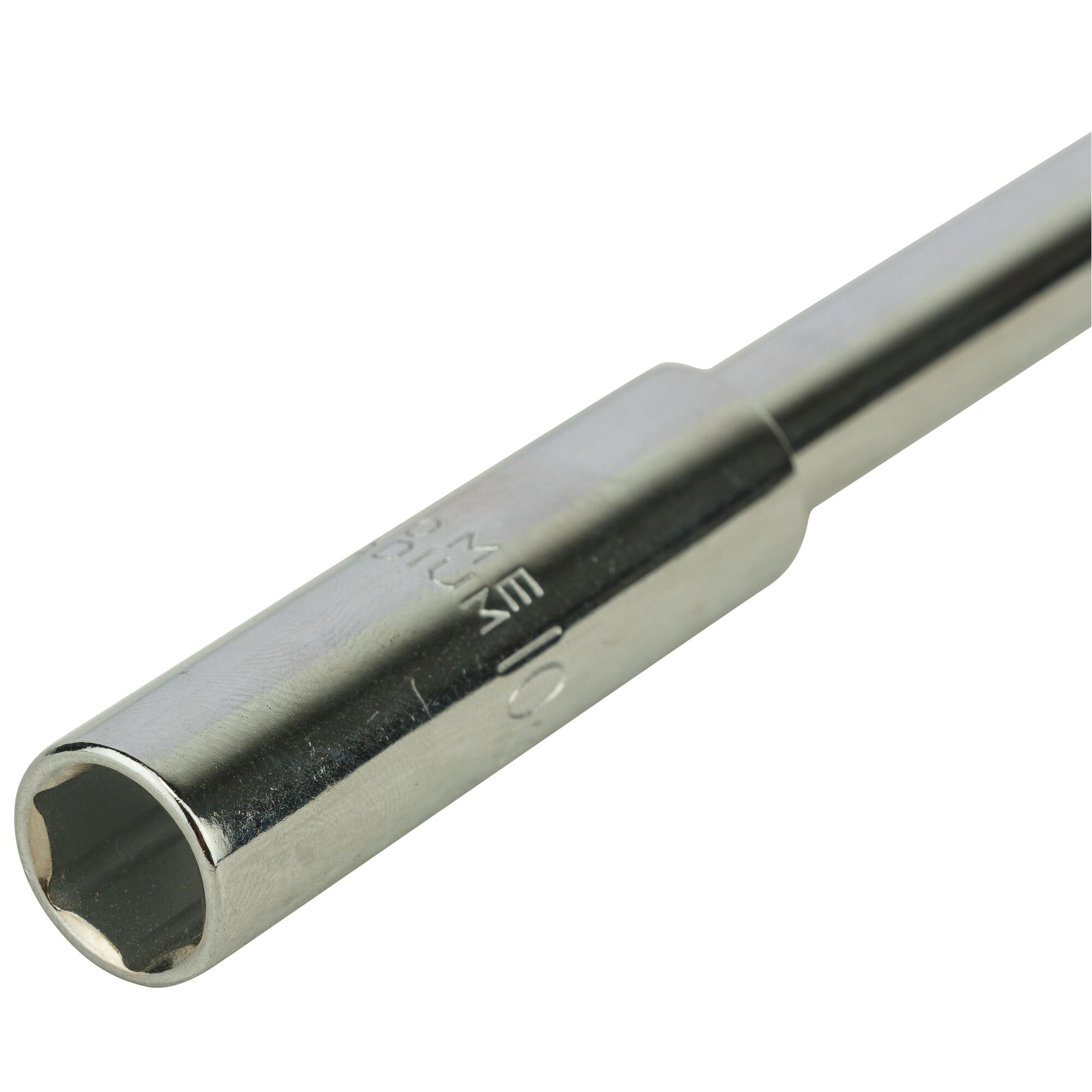 Photo of STANLEY STMT93304-8 chrome-finish hex socket wrench, close-up side angle on white background.