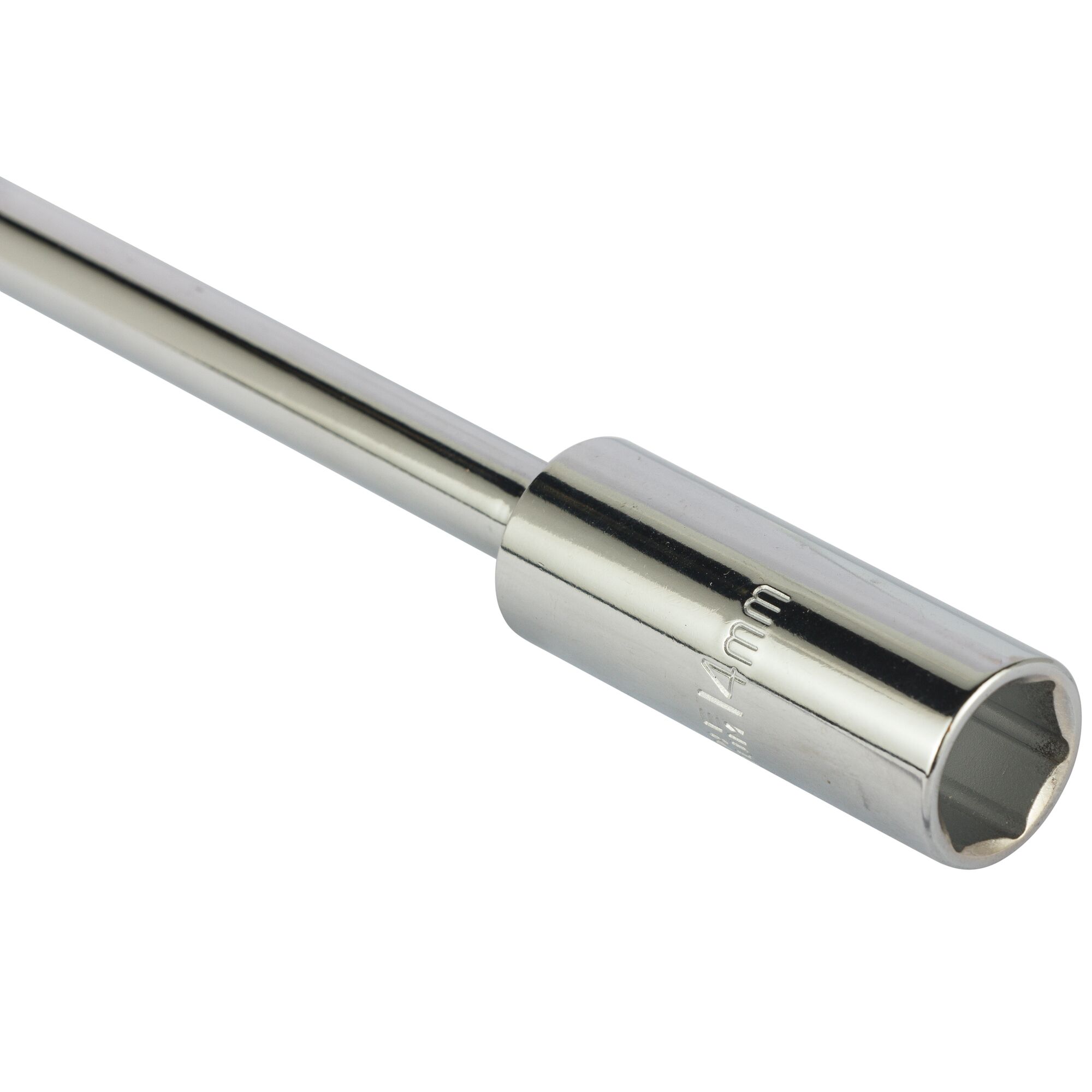 A close-up image of a Stanley 14mm socket wrench on a white background. The metallic tool is used for tightening or loosening nuts and bolts.