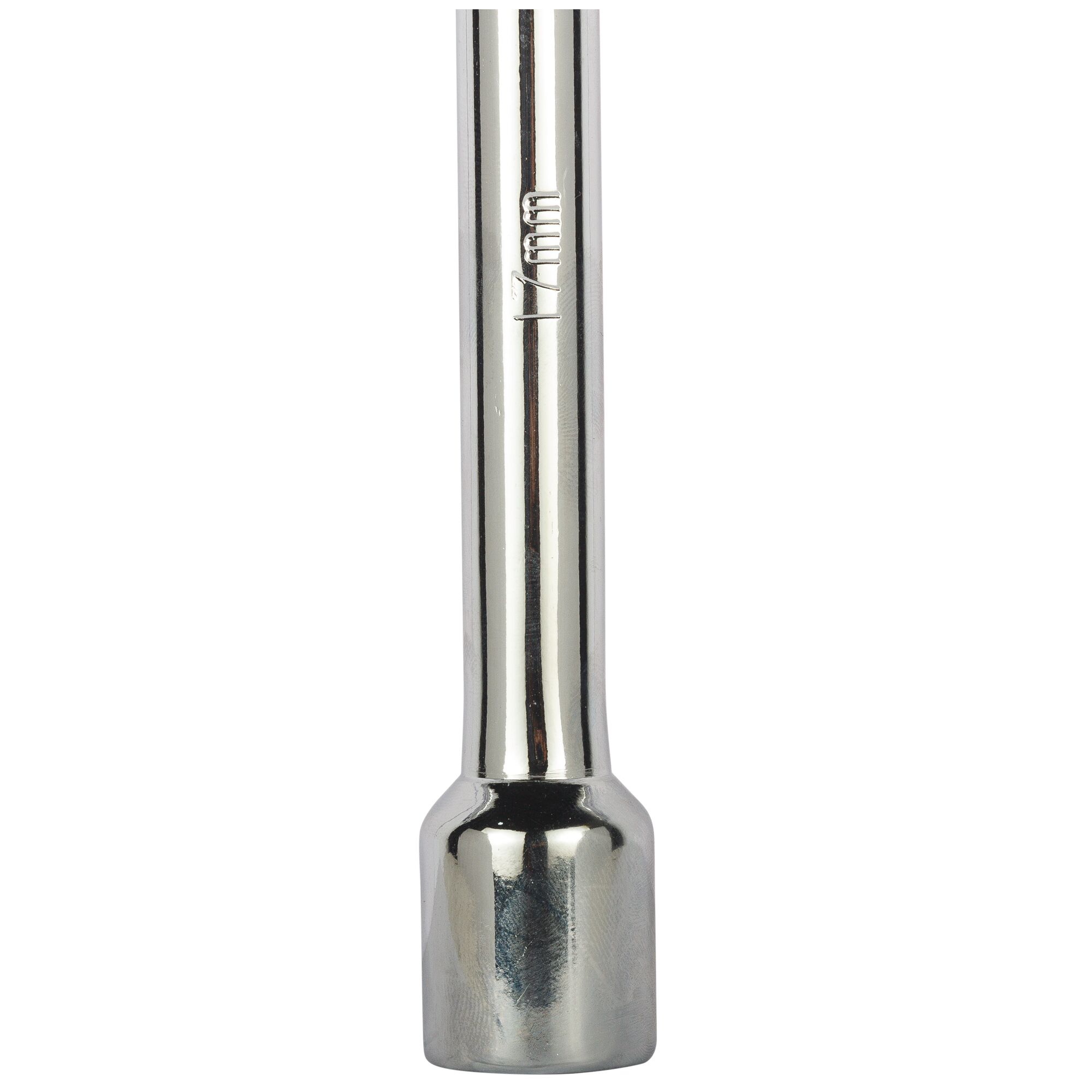 Close-up image of a metallic socket wrench extension marked with '17mm' on its shaft.