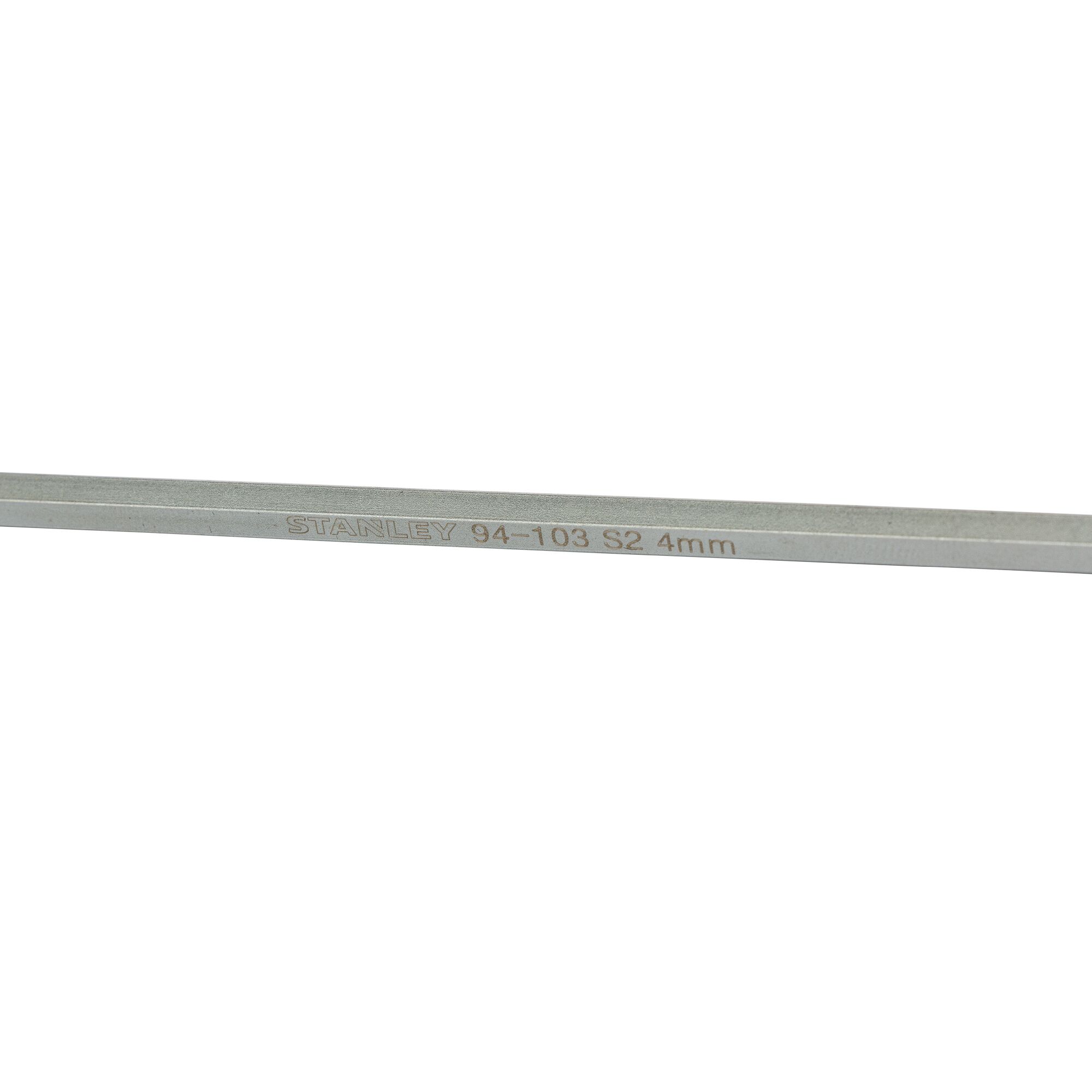 Close-up view of a Stanley 4mm S2 hex key with product marking 'STANLEY 94-103 S2 4mm' engraved on the metal tool.