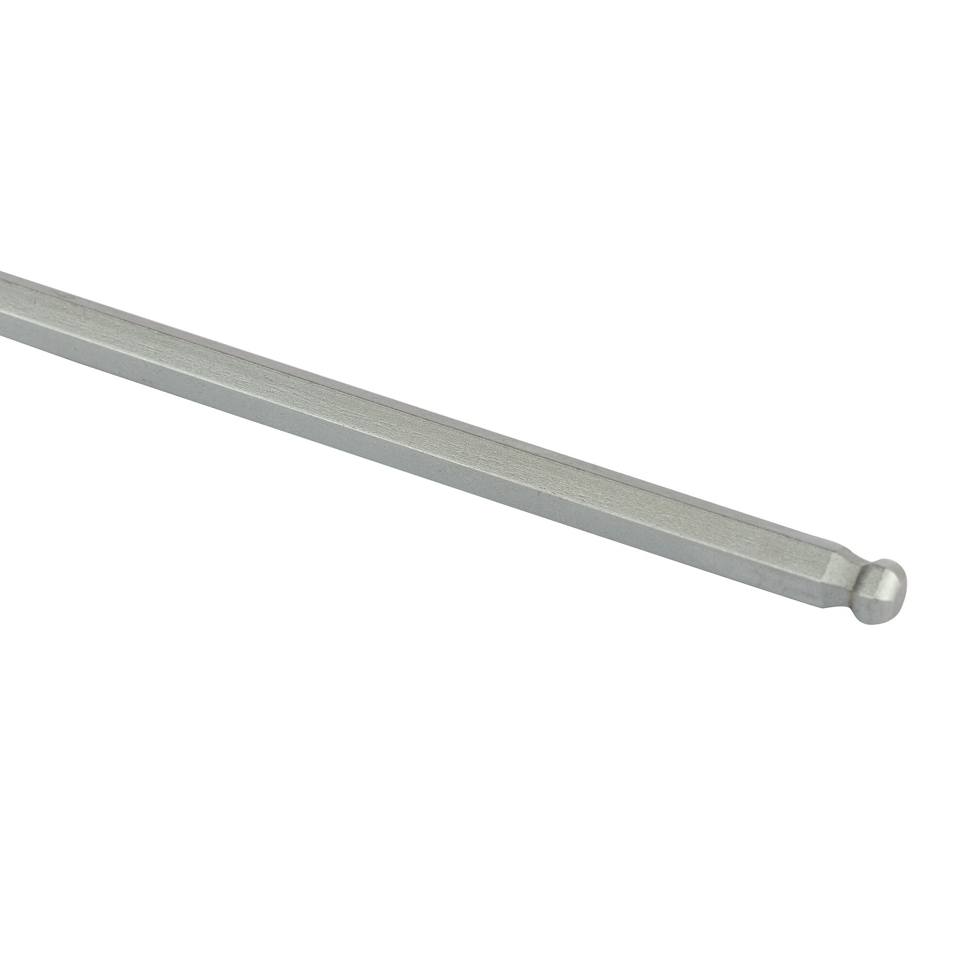 Close-up image of a metallic hex key with a ball end, designed for tightening or loosening fasteners with hexagonal sockets.