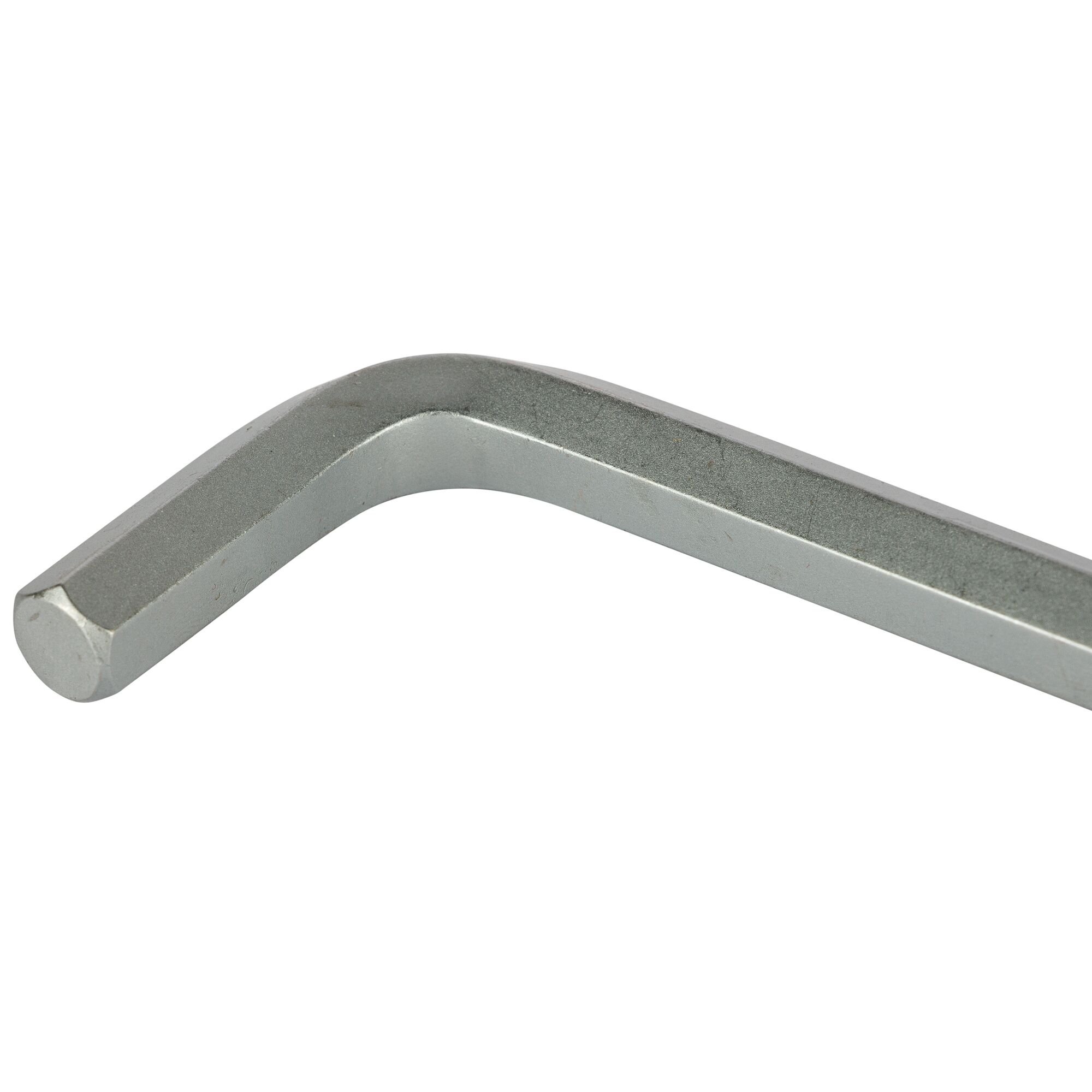 A close-up image of a silver hex key, also known as an Allen wrench, with an L-shaped design.
