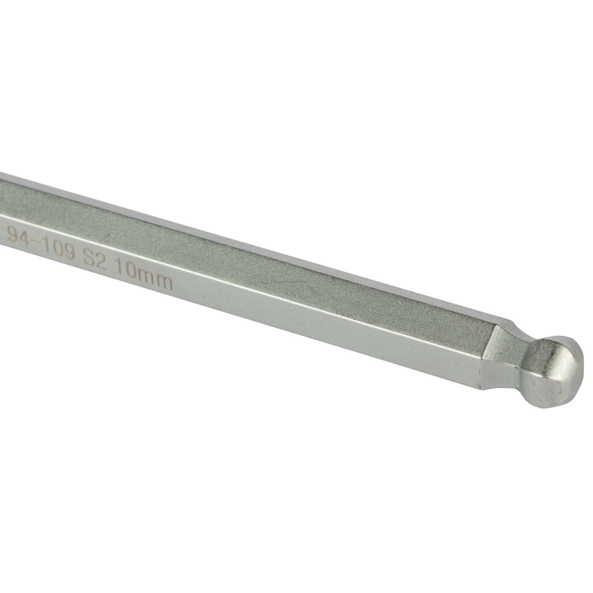 Close-up image of a silver hex key with a ball end, showing engraved markings including '94-109 S2 10mm'.