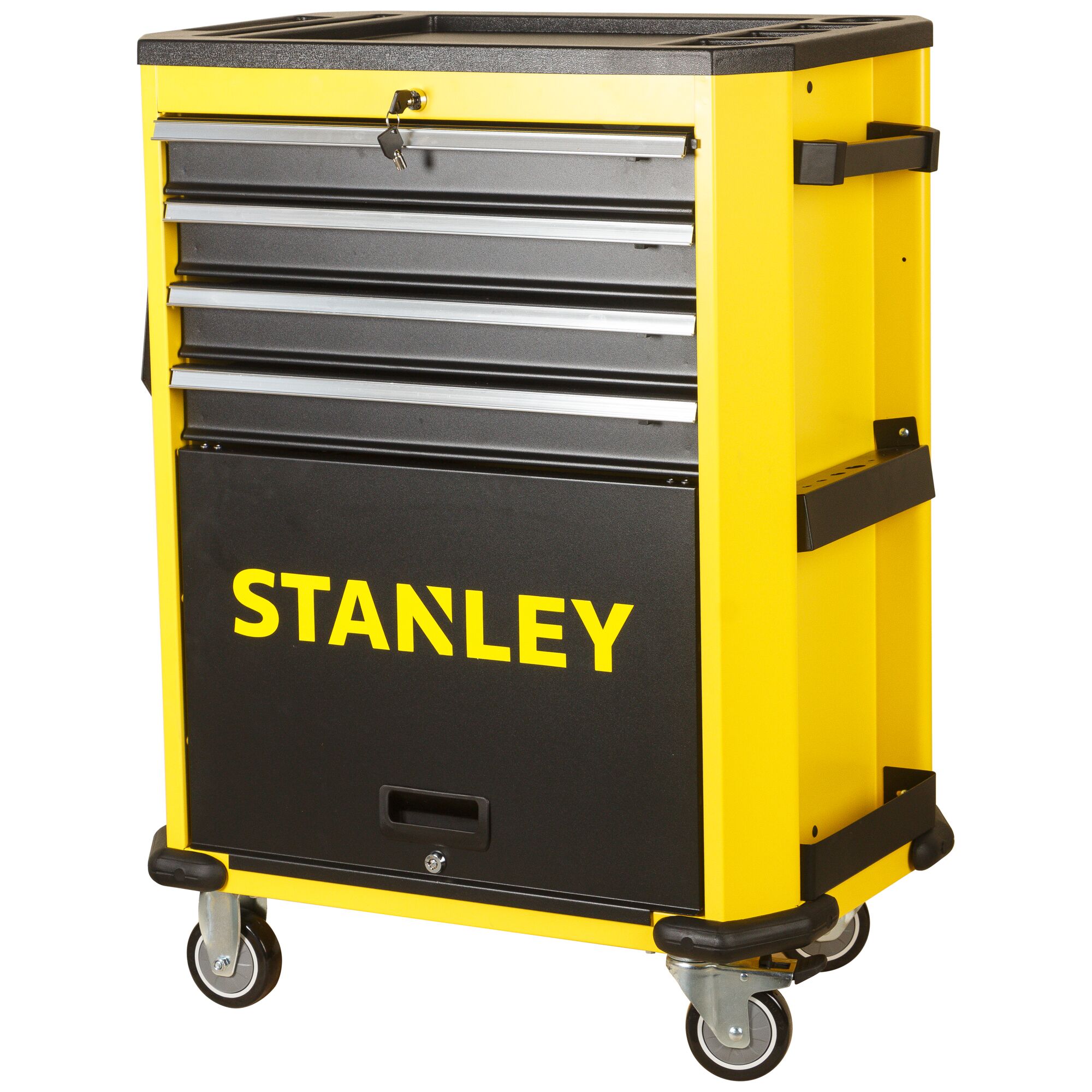 STANLEY STMT99069-8 yellow and black tool chest with four drawers and caster wheels, angled front view.