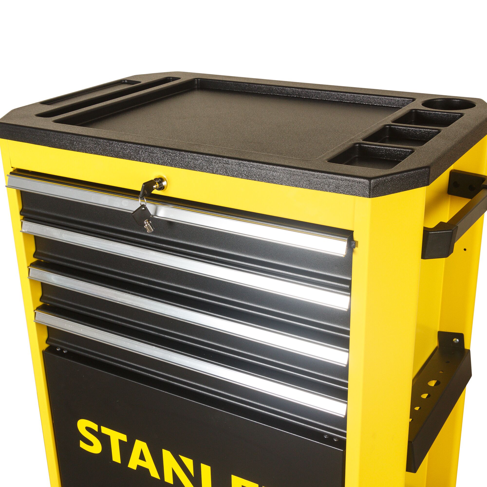 STANLEY STMT99069-8 yellow and black tool chest cabinet with lockable drawers, top tray, and side handle, front angle.