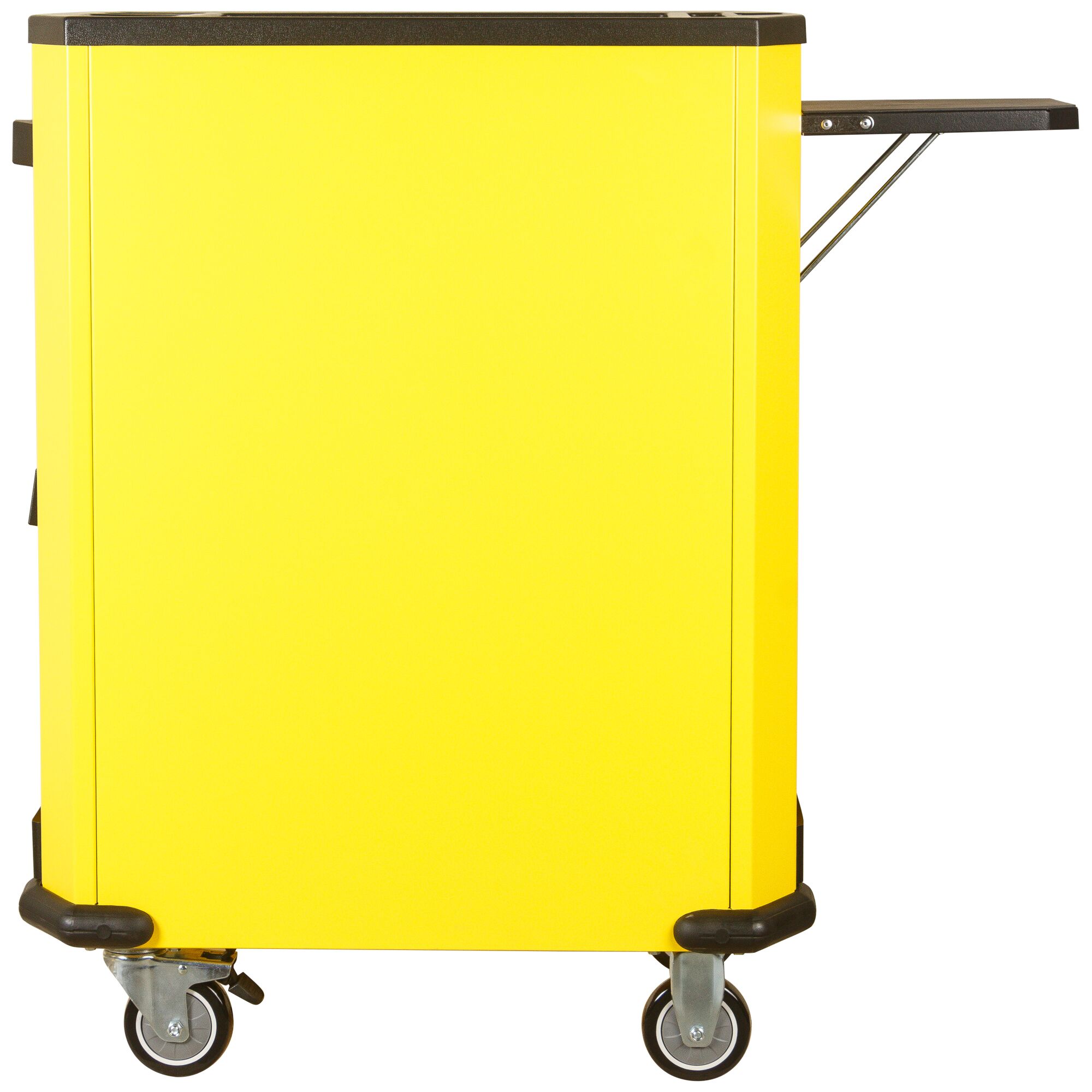 STANLEY STMT99069-8 yellow rolling tool cabinet side view with black top and wheels.