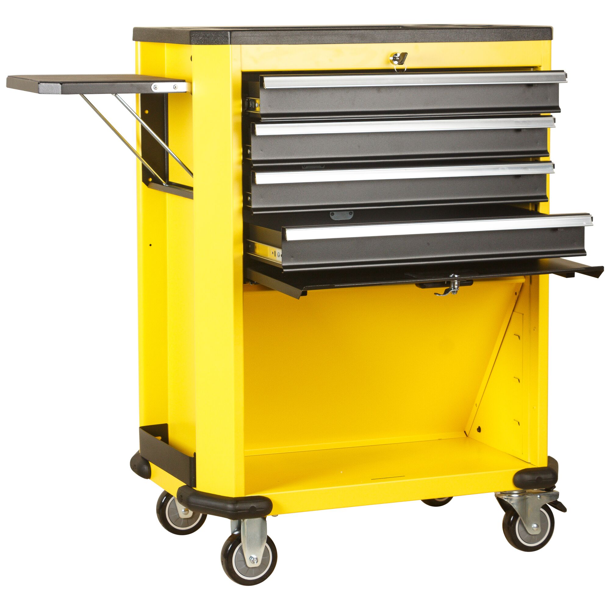 STANLEY STMT99069-8 yellow tool cart with four black drawers, side tray, and caster wheels, front angle.