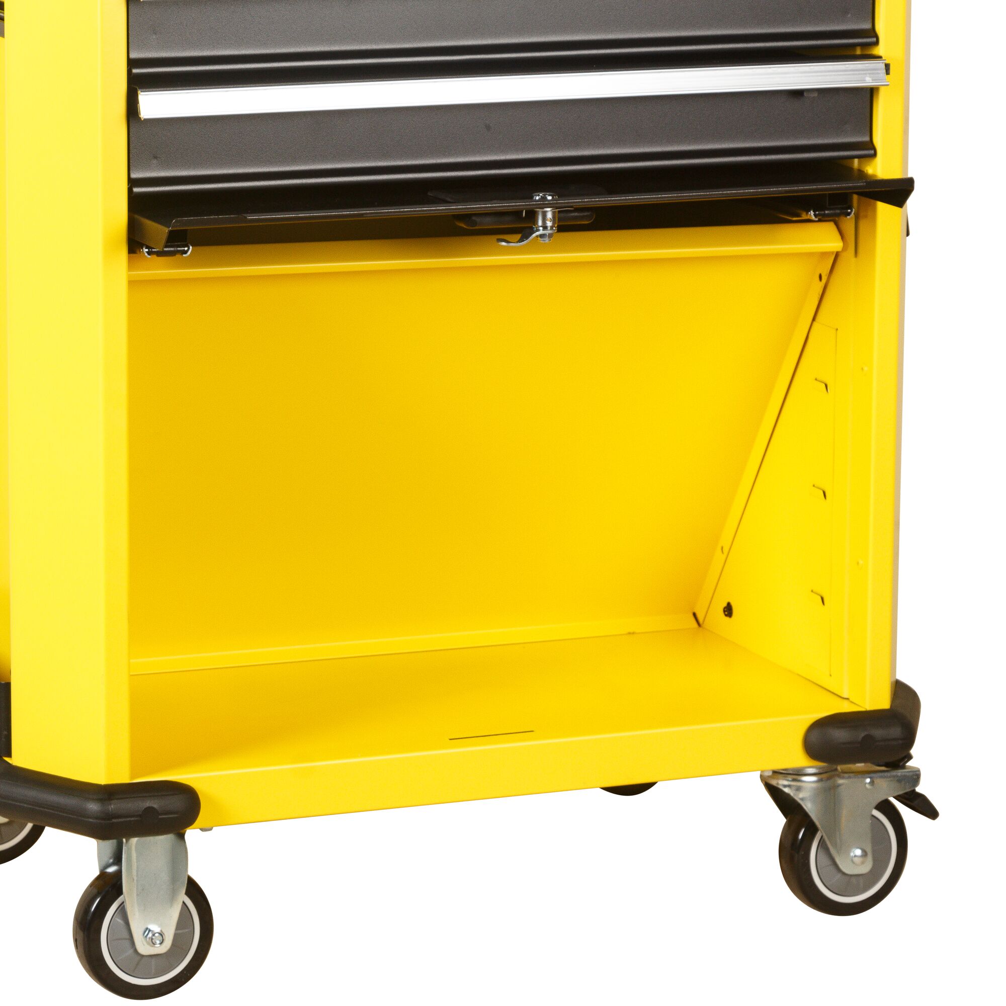 STANLEY STMT99069-8 yellow rolling tool cabinet with open lower shelf, close-up angle on white background.