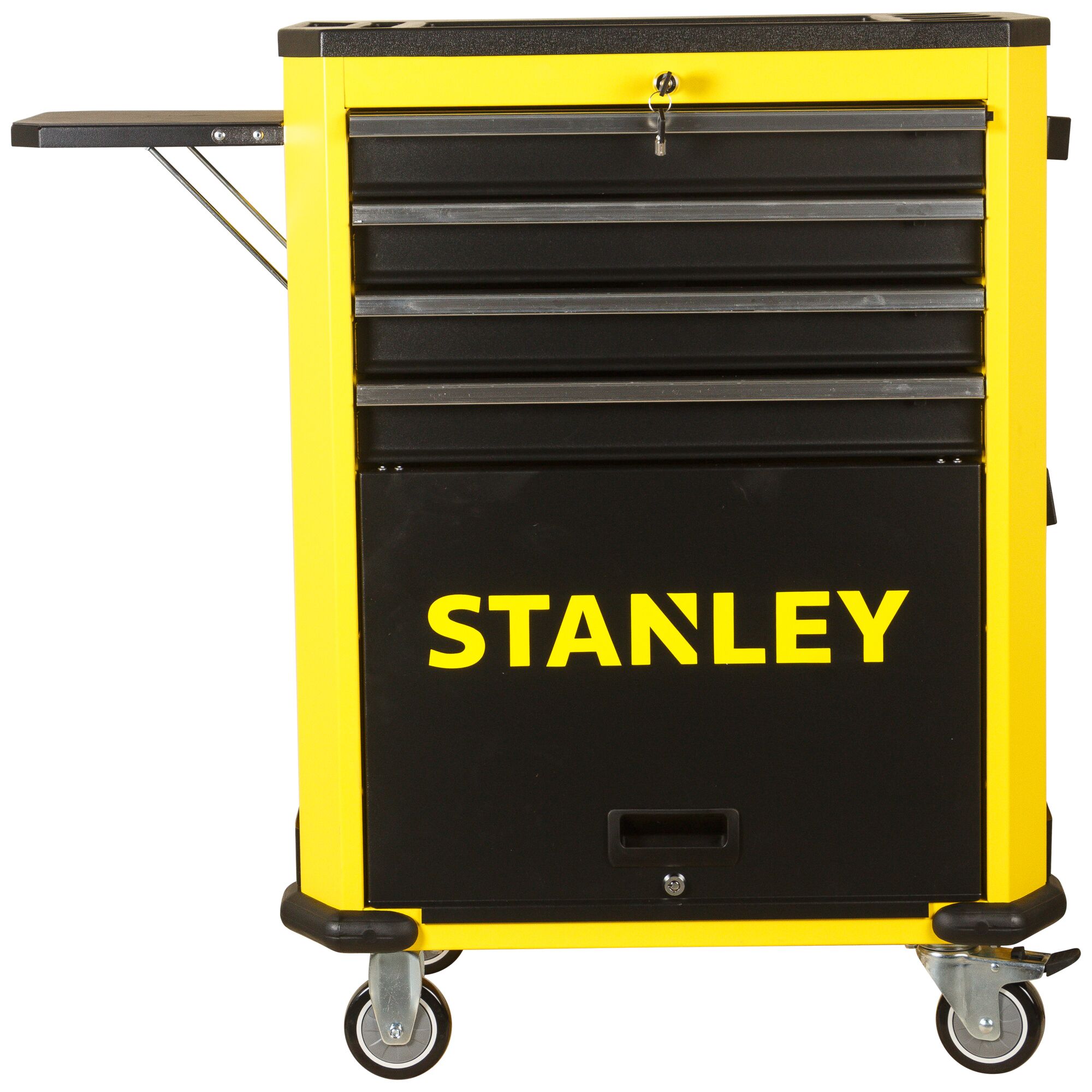 Front view of STANLEY STMT99069-8 rolling tool cabinet with four drawers, black and yellow design, side tray extended.