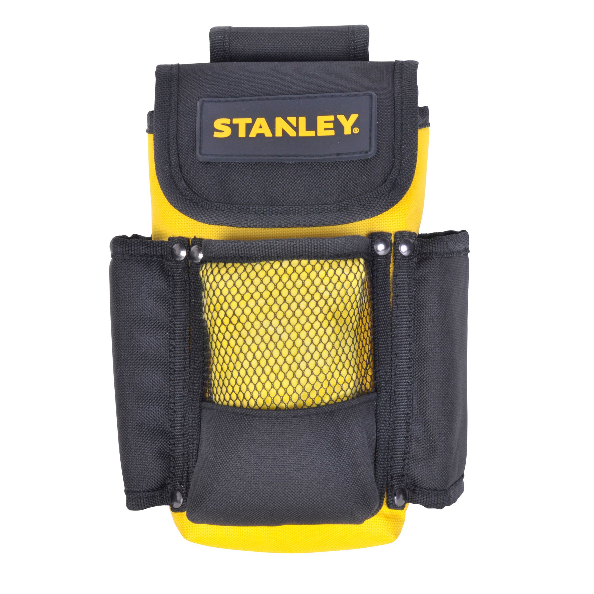 STANLEY STST509104LA tool pouch, black and yellow fabric with mesh pocket, front angle, white background.