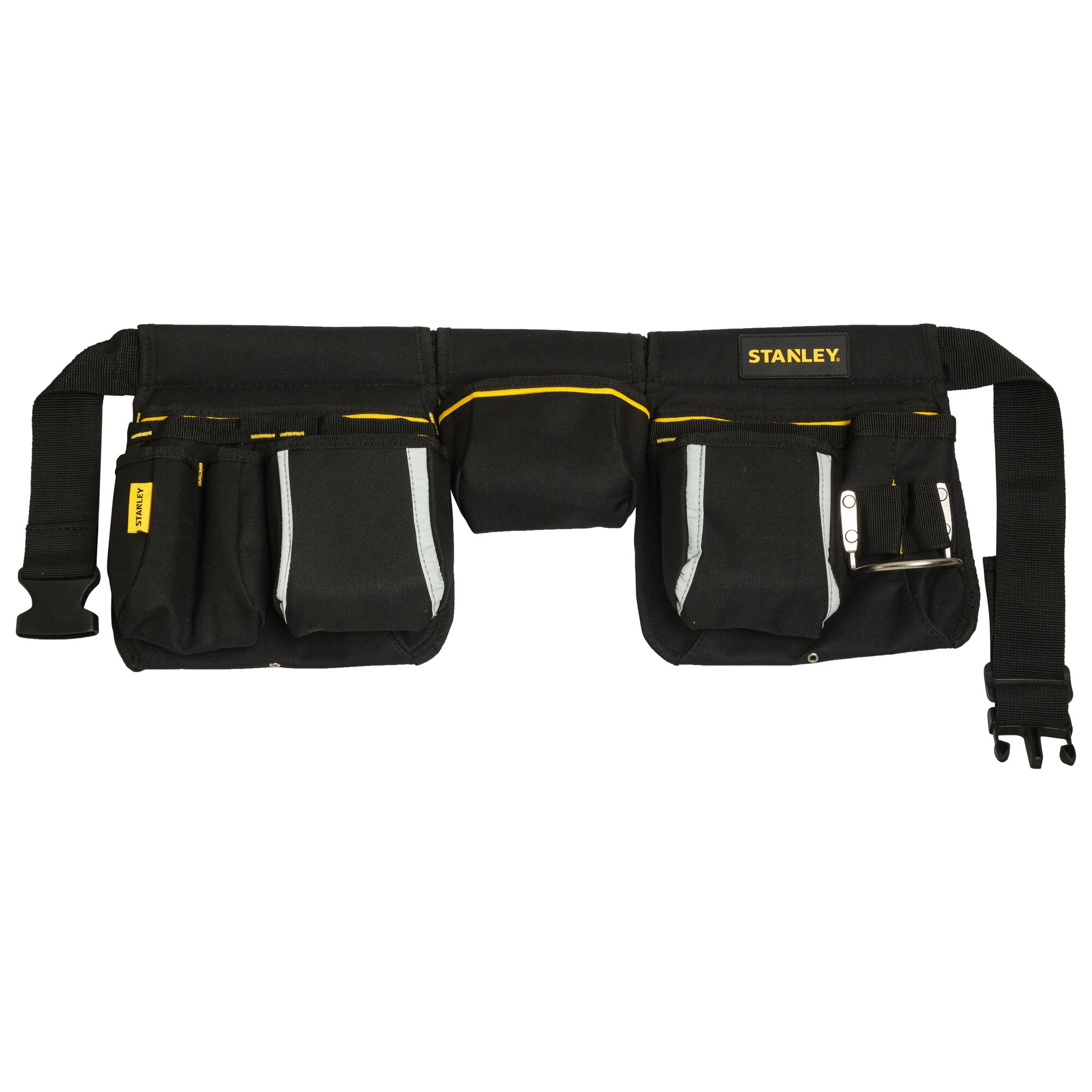 STANLEY STST511304 tool belt with multiple black and yellow pouches, front view on white background.