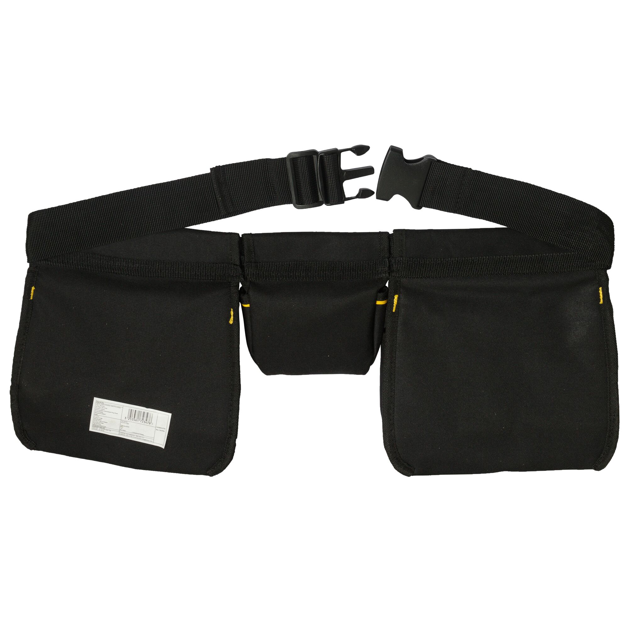 STANLEY STST511304 black tool belt with three pockets, adjustable strap, front angle, white background.