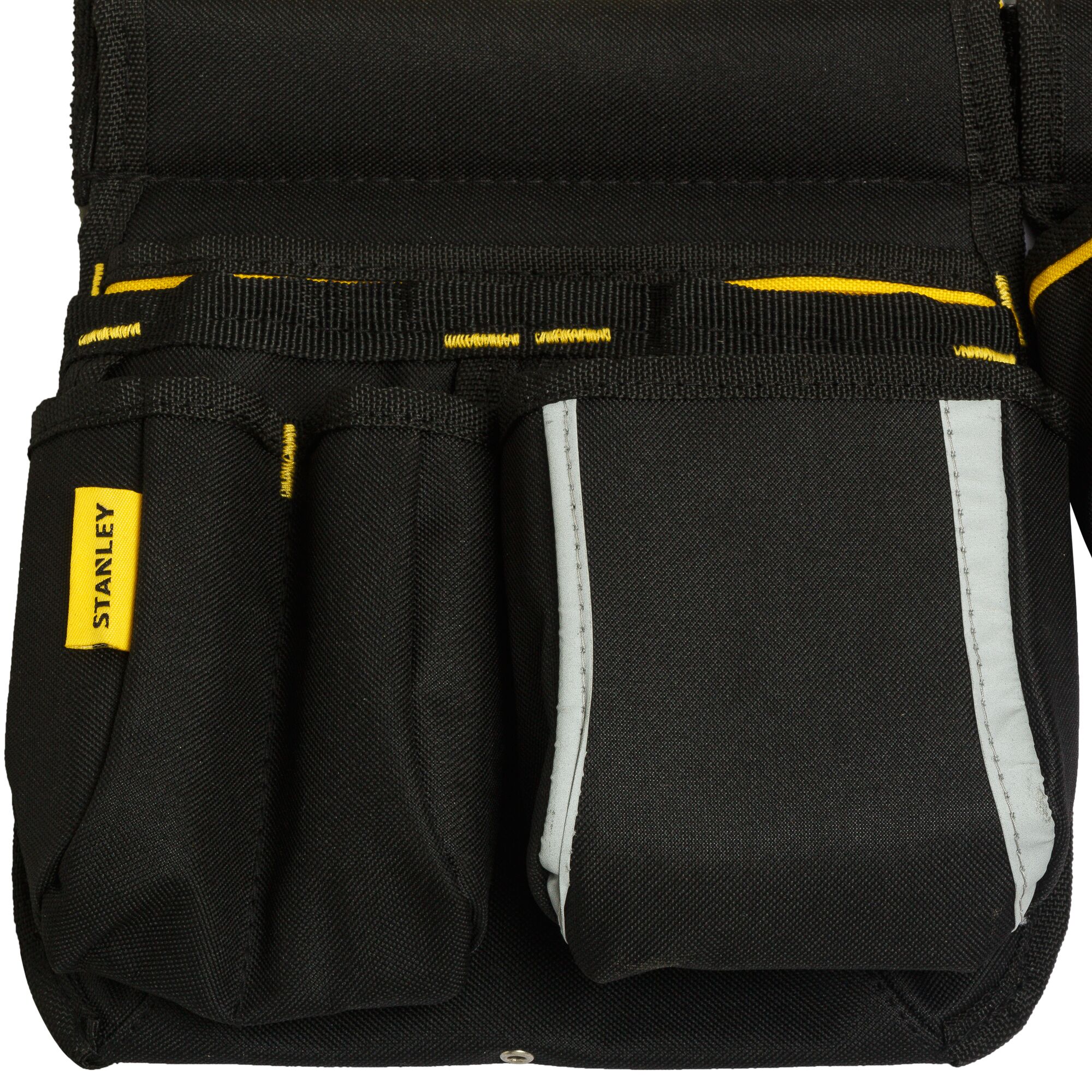 STANLEY STST511304 black fabric tool pouch with multiple compartments, front view.
