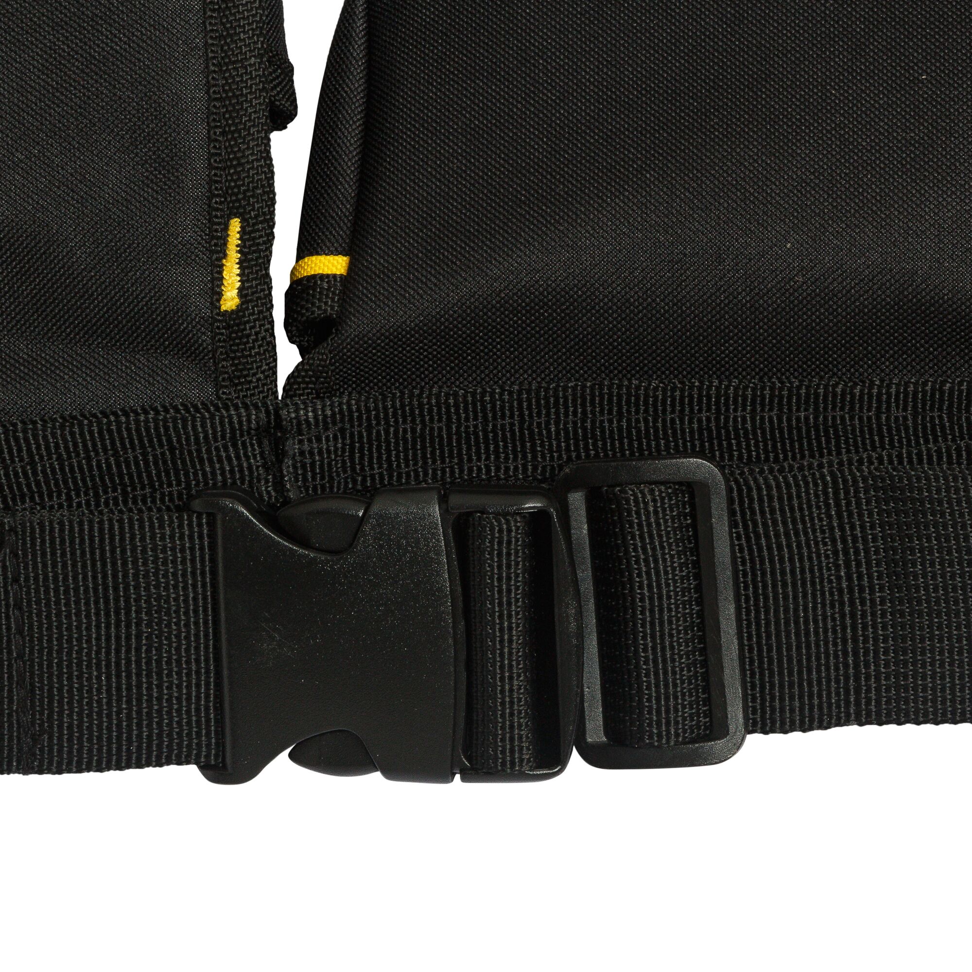 STANLEY STST511304 black fabric strap with plastic side-release buckle, close-up, on white background.